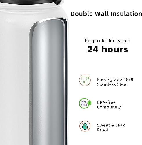 Miniatura 3 de Fanhaw Botella de agua aislada al vacío de acero inoxidable de 20 onzas con 2 tapas (abierta y tapa de mosquetón) - Para niños, mujeres, hombres, a