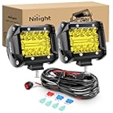 2PC 4Inch Yellow Led Pods Triple Row 60W Flood Spot Combo Driving Fog Lights with 16AWG Switch Wiring Harness Kit-2 Leads for Offroad Pickup Trucks ATV UTV SUV, 2 Years Warranty
