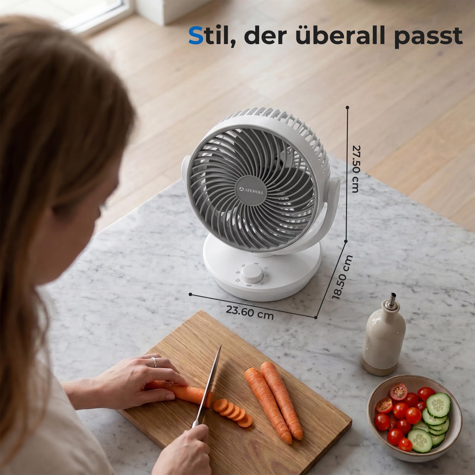 Ateroll Ventilator Leise, Tischventilator, 3D Turbo-Luftzirkulator mit 3 Geschwindigkeitsstufen, 130° Vertikal & 100° Horizontal Oszillation, Leiser Tischventilator für Wohnzimmer und Schreibtische