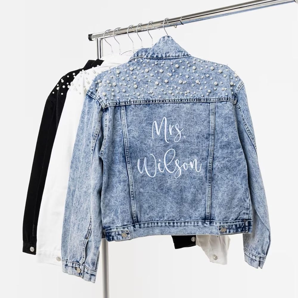 YANGCUSDOM Custom Embroidered Bridal Denim Jacket, Women's Pearl