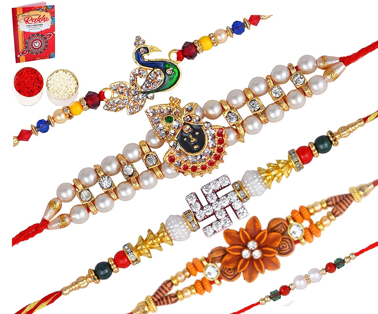 Chef KissedSet of 5 Rakhi for Men Brother With Roli Chawal/Pack Of 5 Rakhi for Rakshabandhan - 5 Rakhi+ Roli+ Chawal+ Rakhi Greeting Card