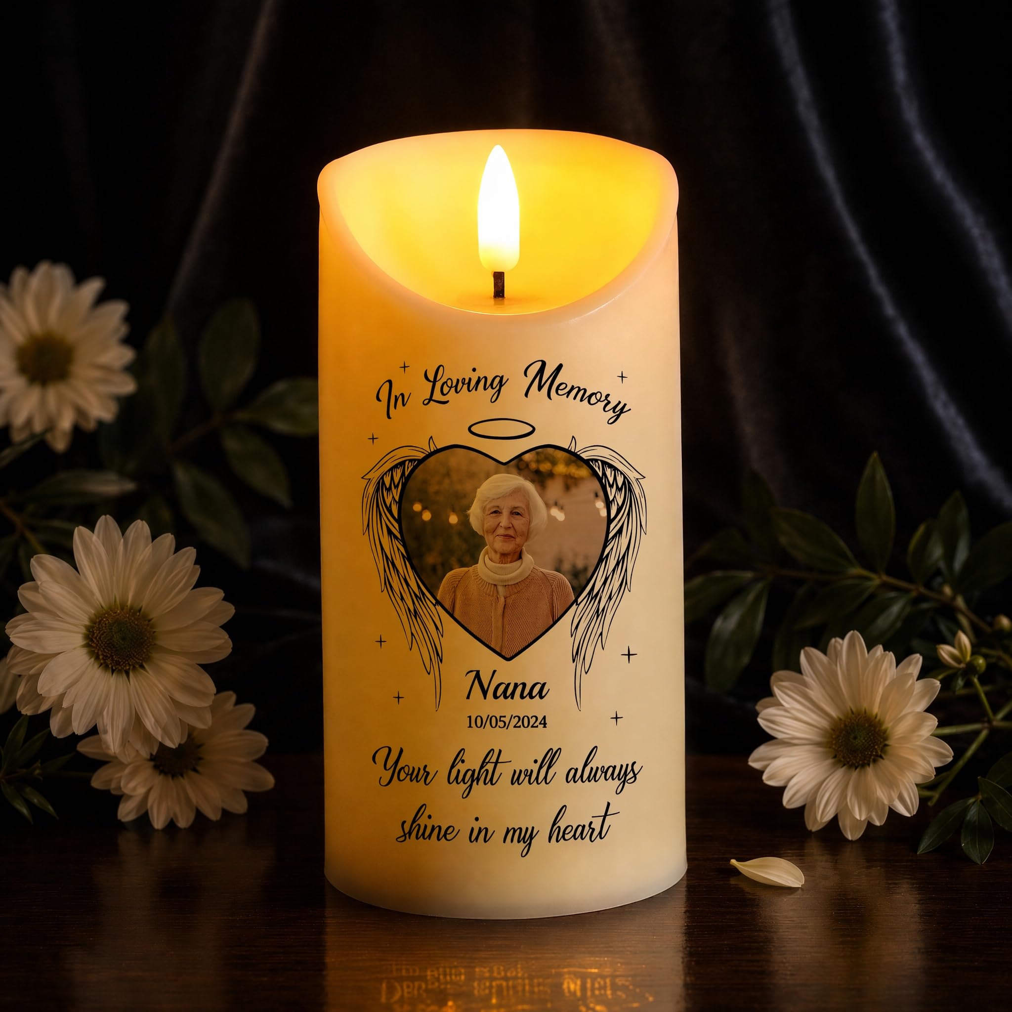 Personalised Memorial LED Candles with Photo Engraved Name and Date Flameless Electronic Candles Lamp with Battery Memory Gift Sympathy Remembrance Gift (A)