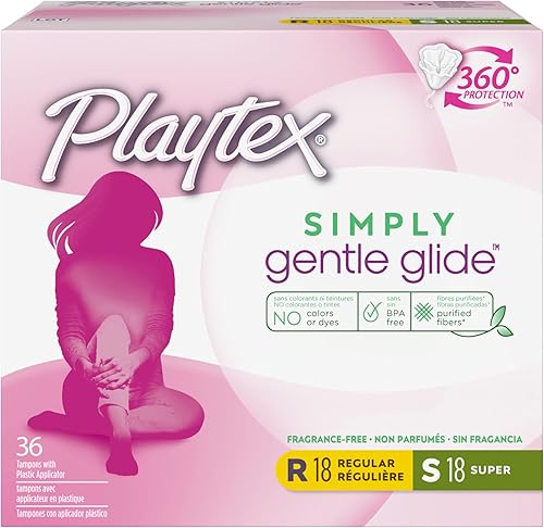 Playtex Simply Gentle Glide Tampones, paquete múltiple (18 unidades regular/18 ct súper absorbencia), sin fragancia, 36 unidades