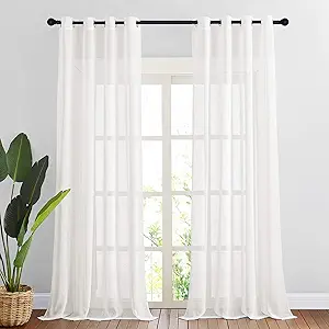 NICETOWN Thick Linen Sheer Ivory Curtains for Privacy Protection, Grommet Rustic Flax Semi Sheer Window Drapes with Light Penetration for Farmhouse/Living Room, W52 x L90, Set of 2