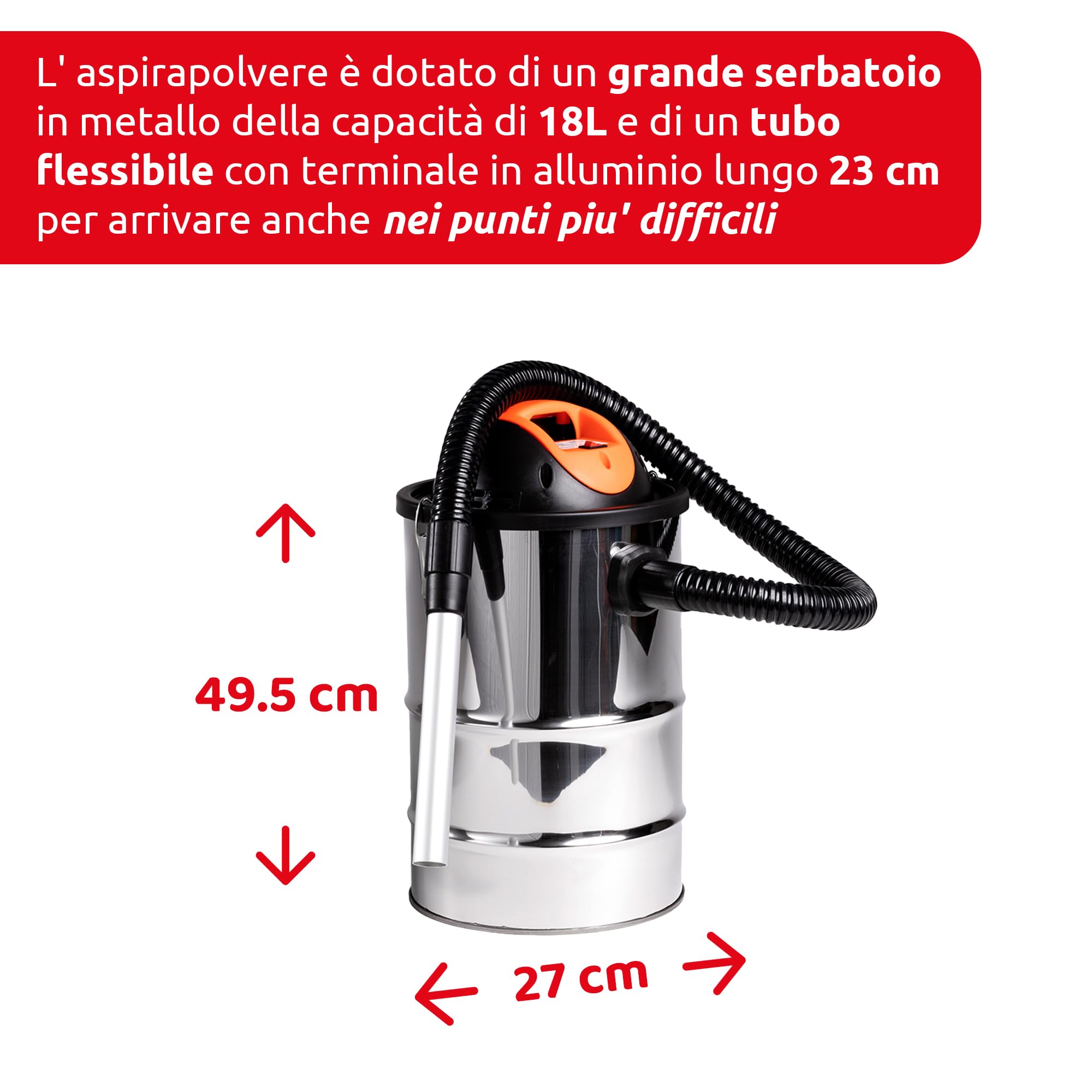 Melchioni Family, CENERELLO, Bidone Aspiracenere in Metallo con Doppio Filtro, Capacità 18 Litri, Nero, Tubo Flessibile 23cm, Cavo 2,3 mt