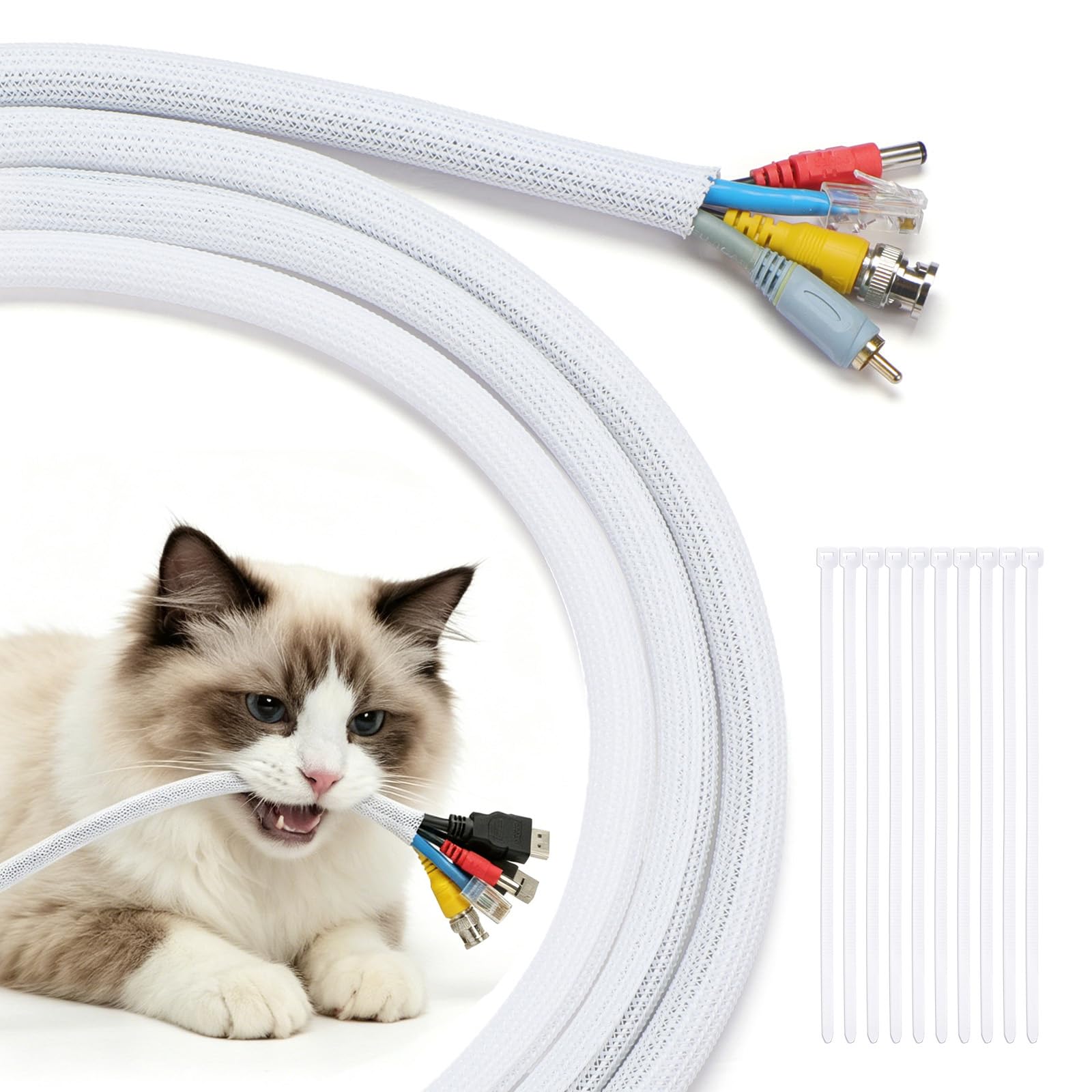 YECAYE Cable Tidy Sleeve, 9m Cable Management Tube for PC/TV - White