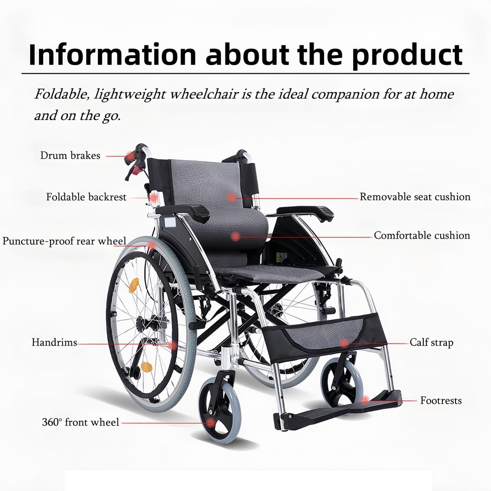 Silla de ruedas plegable ultraligera, capacidad de 150 kg, silla de viaje de aluminio autopropulsada, silla de ruedas portátil para el hogar y transporte