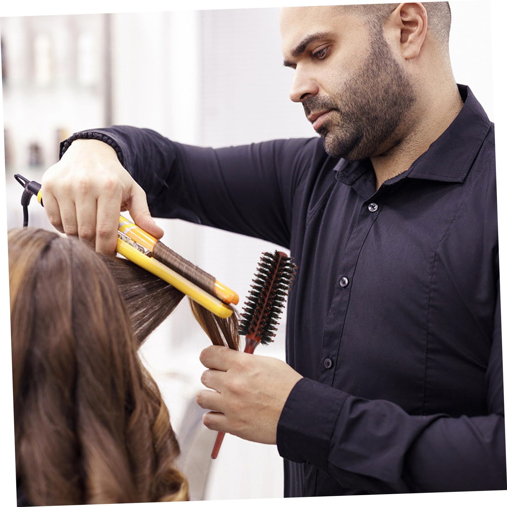 FRCOLOR 9piezas Cepillo Redondo De Cerdas De Jabalí Mango De Madera Natural Para Desenredar y Estilizar Cabello Húmedo o Seco Para Hombres y Mujeres