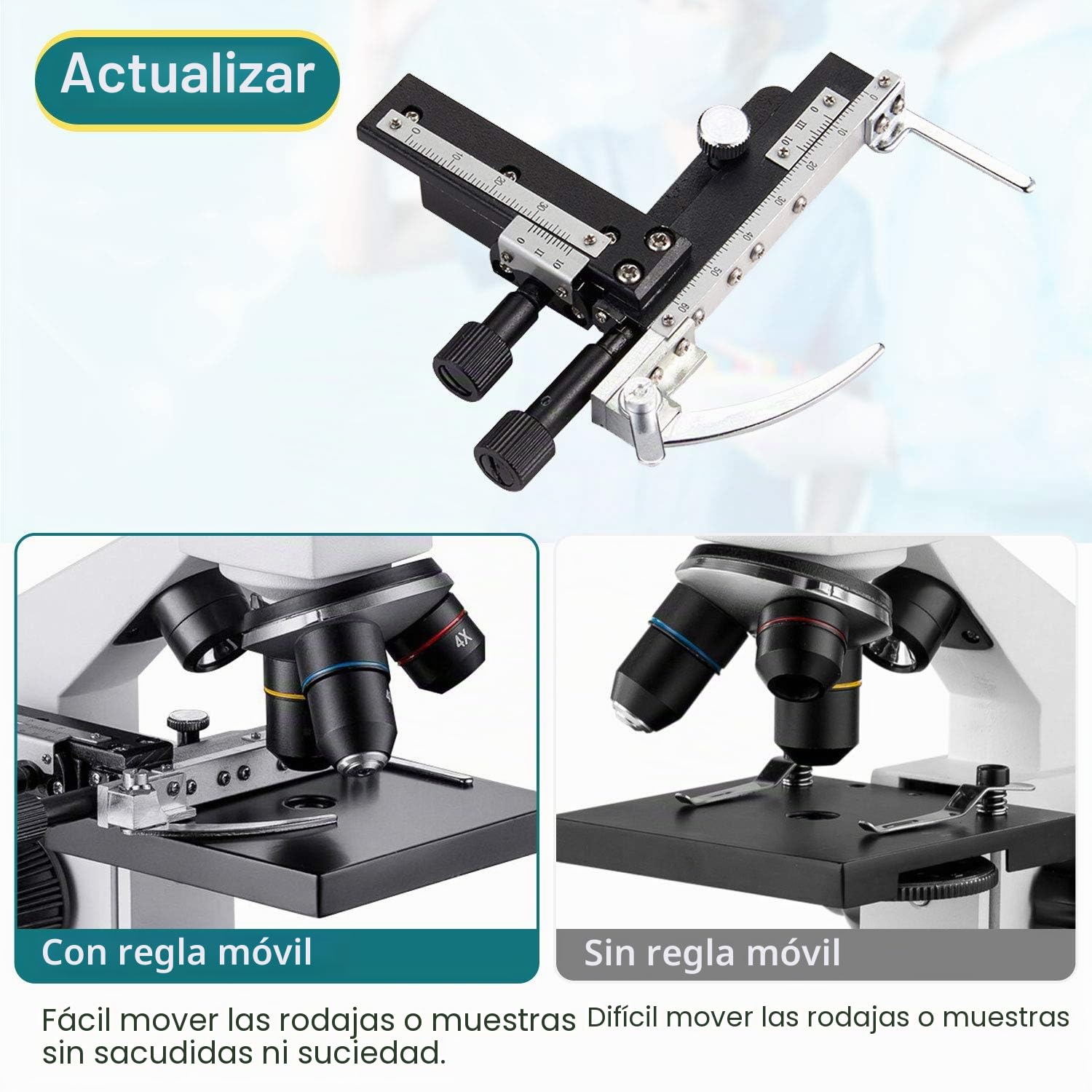 MAXLAPTER Microscopio LED 2000x con Regla móvil – Óptica de Laboratorio con Cuchillas preparadas y en Blanco – Adaptador de Lente
