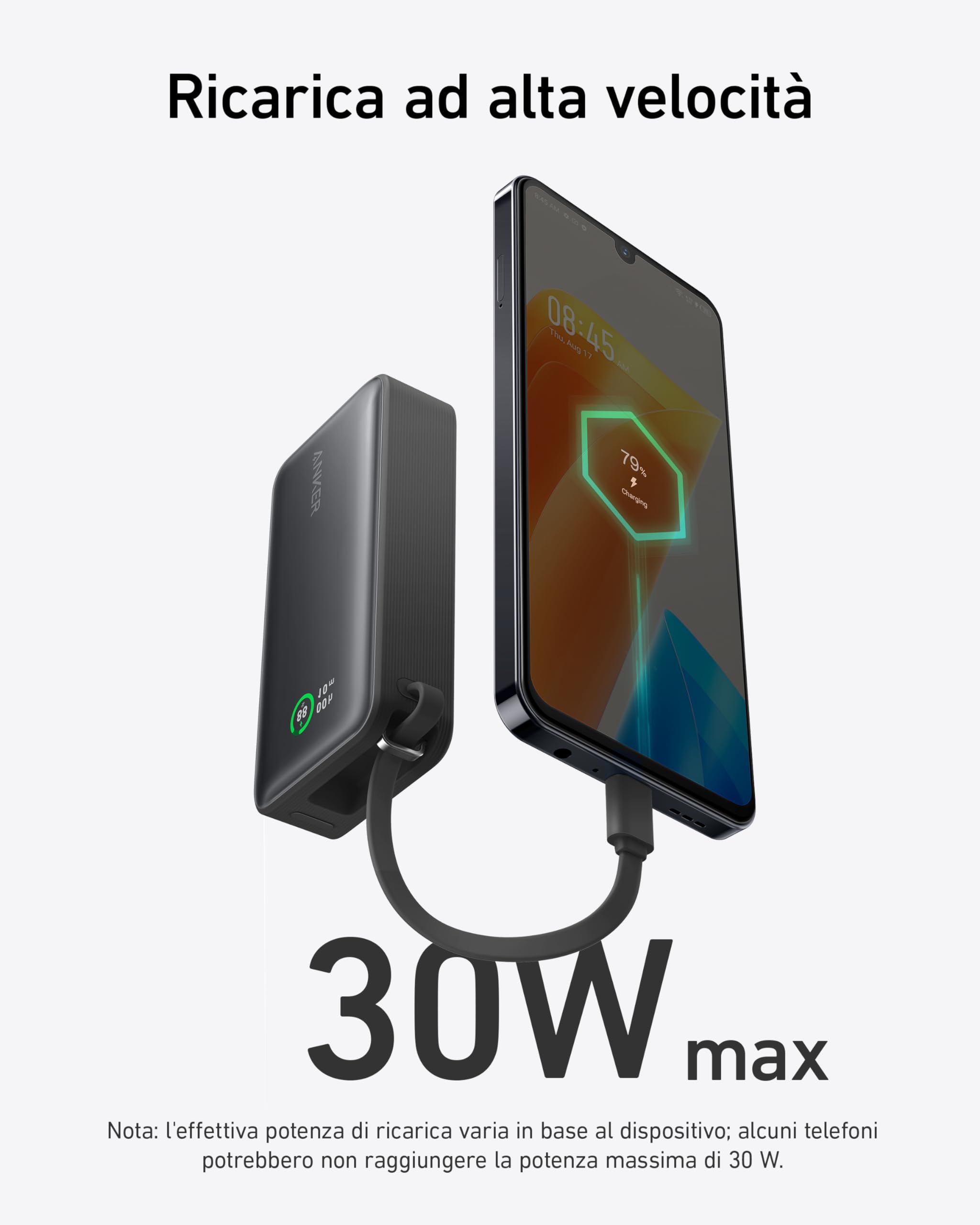 Anker Nano Power Bank Ricarica Rapida, 10.000 mAh, con cavo USB-C integrato, PD 30 W, potenza massima con 1 USB C,1 USB-A,compatibile con iPhone 15 serie, MacBook, Samsung, iPad e molto altro (Nero)