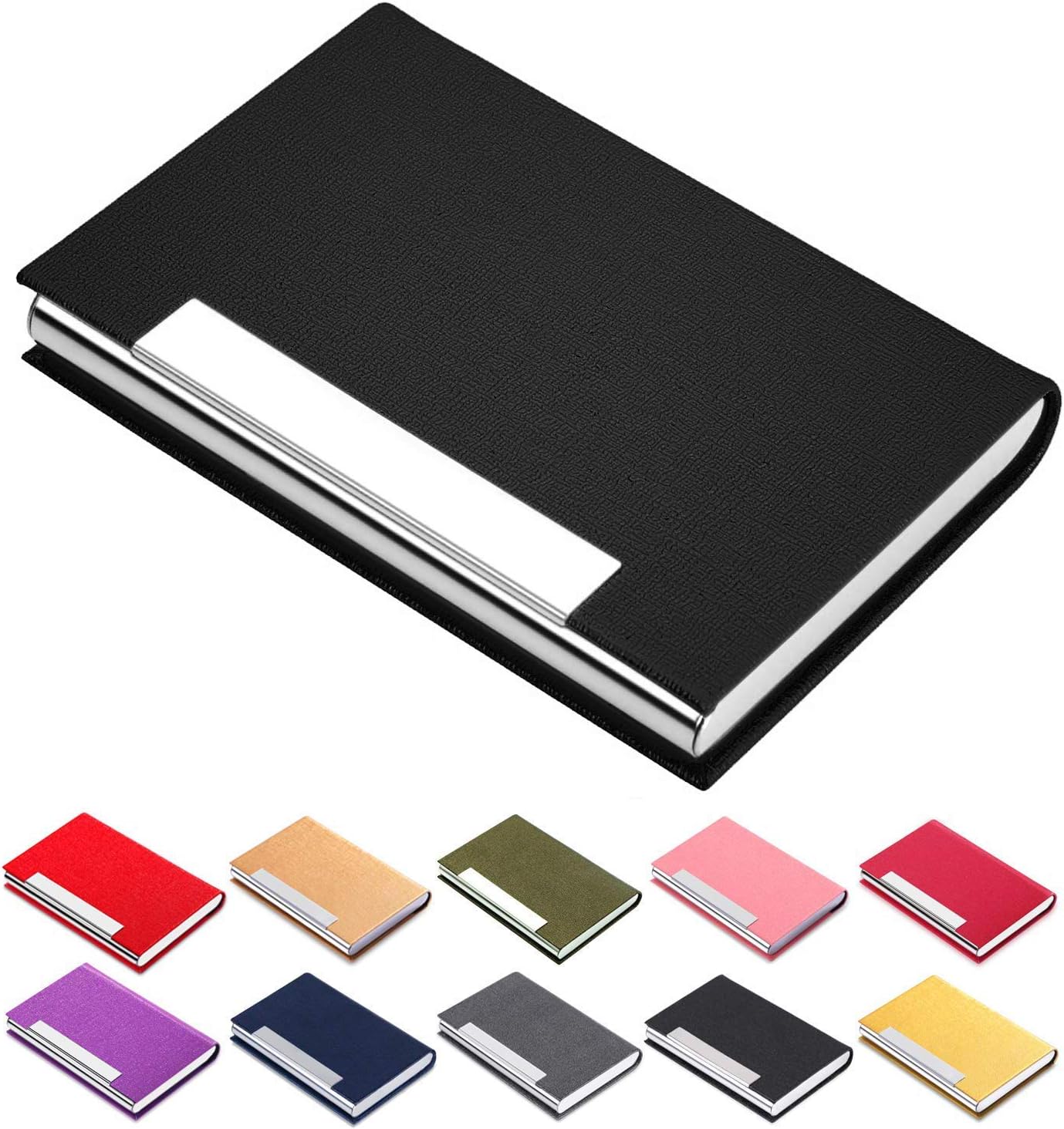 Business Card Holder Case - JuneLsy Professional PU Leather Business Card Case Metal Name Card Holder Pocket Business Card Carrier for Men & Women with Magnetic Shut (black-7)
