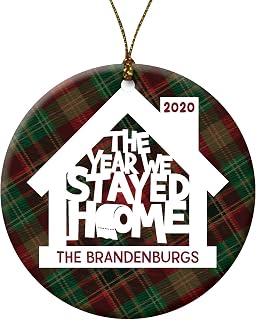 2020: The Year We Stayed Home Christmas Tree Ornament with COVID Themed Design on Red and Green Plaid Porcelain Round Decoration, 2.75" x 2.75"