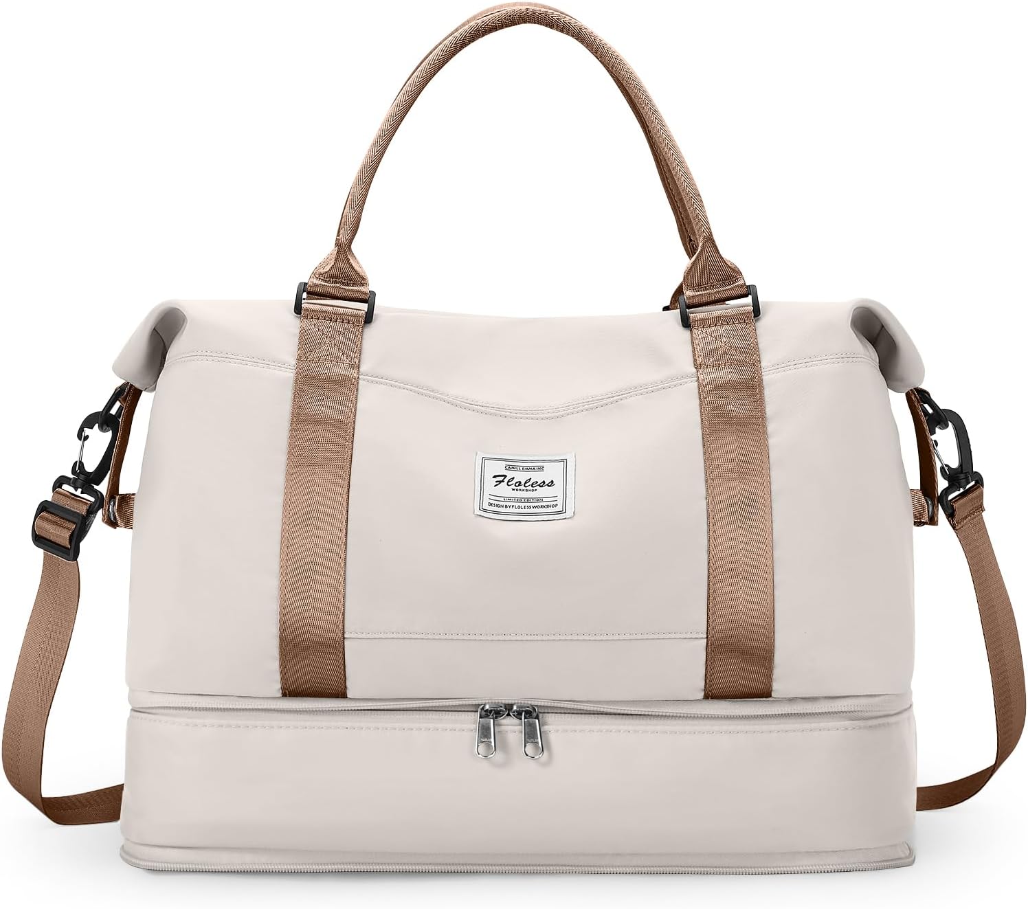 Women’s Travel Bag, Lightweight Hand Luggage Bag, Gym Sports Bag with Shoe Compartment, Waterproof Weekend Bag Hospital Bag with Separate Wet Bag, A10-beige Light Brown