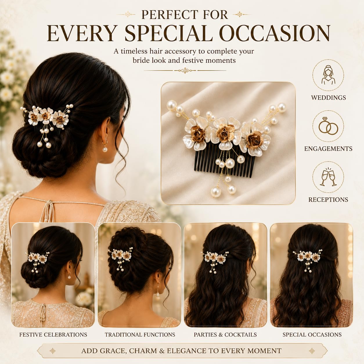 Hair Flare 2199 Artificial Metal Comb Slide, Bridal Hair Pin Accessories For Women - Pack Of 1, White 2