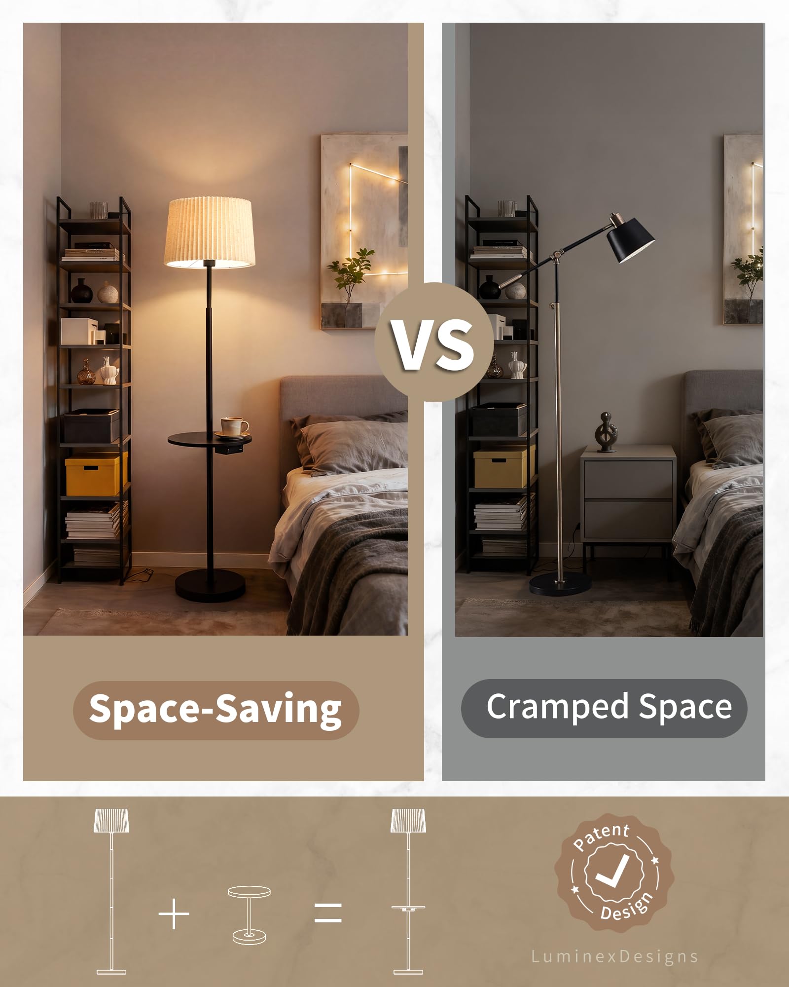 Stehlampe mit Holzablage & USB, Stoffschirm in Naturton, dimmbar mit 3 Lichtfarben (2700–5000K), blendfreies warmes Licht, moderne Stehleuchte für Wohnzimmer & Schlafzimmer, Schwarz