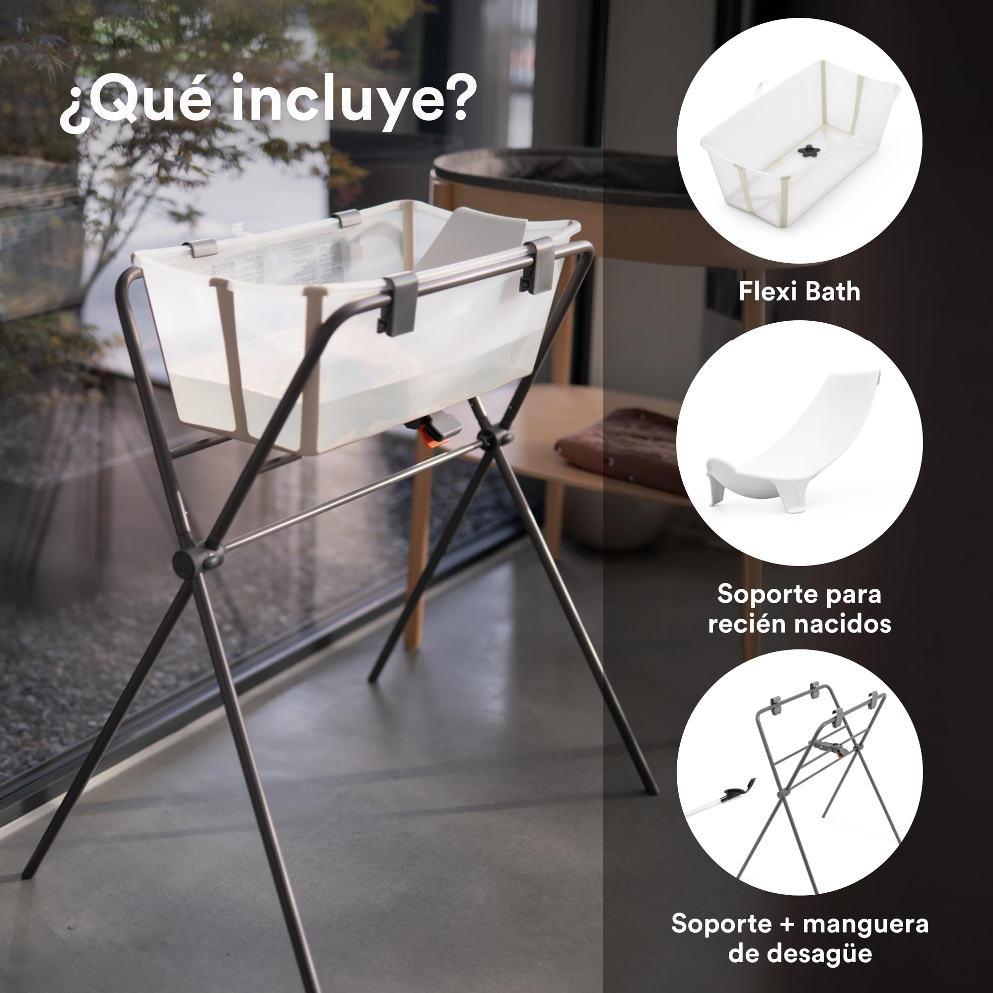 Bañera Flexi Bath de Stokke (Sandy Beige) + Soporte para recién nacido + Soporte para Bañera Flexi Bath - Ideal para niños hasta los 48 meses - Plegable, Duradera y Fácil de guardar