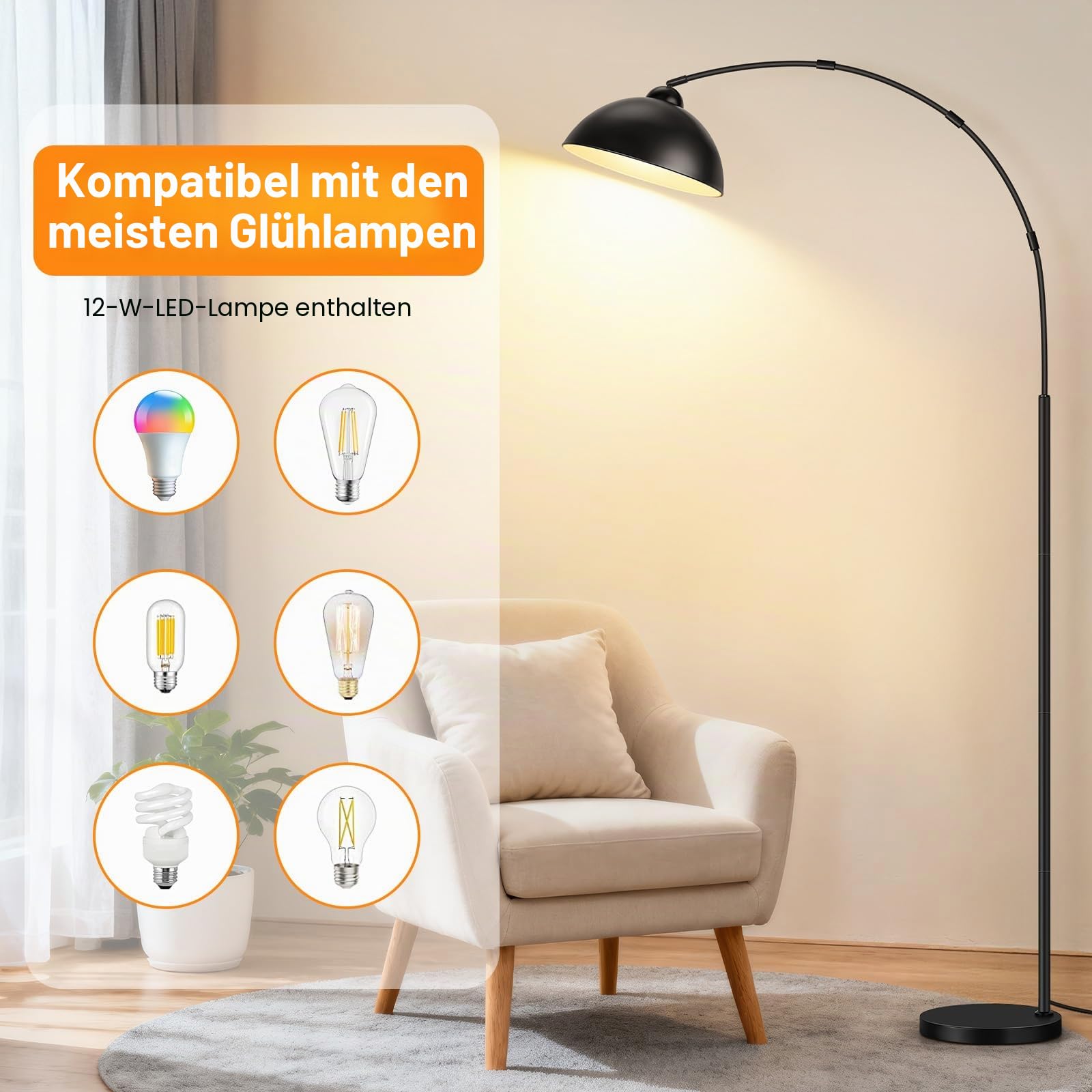 OUTON Bogenlampe mit Metallschirm, Dimmbare LED Stehlampe mit Fernbedienung und Fußschalter, 4 Farbtemperaturen, 12W Industrial Vintage Standleuchte für Wohnzimmer, Schlafzimmer, Büro, Schwarz