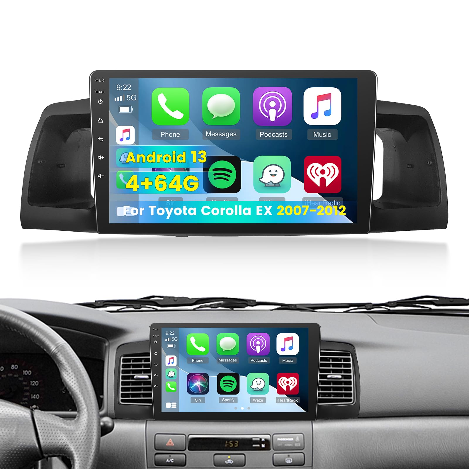 Photo 1 of [4G+64G] for Toyota Corolla EX Radio 2007 2008 2009 2010 2011 2012, 9 inch Android Touch Screen Car Stereo, Carplay/Android Auto/32 EQ Audio/1280 * 720 Screen/SWC/Bluetooth/WiFi