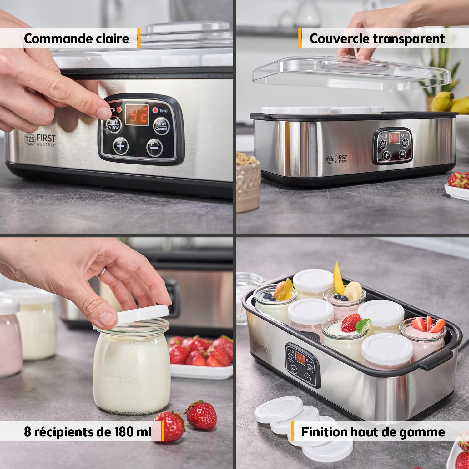 TZS First Austria - Yaourtière électrique 25W avec 8 pots en verre de 180 ml pour jusqu'à 1,4L de yaourt fait maison - Avec température de 20-55°C, arrêt automatique et écran LCD - Blanc