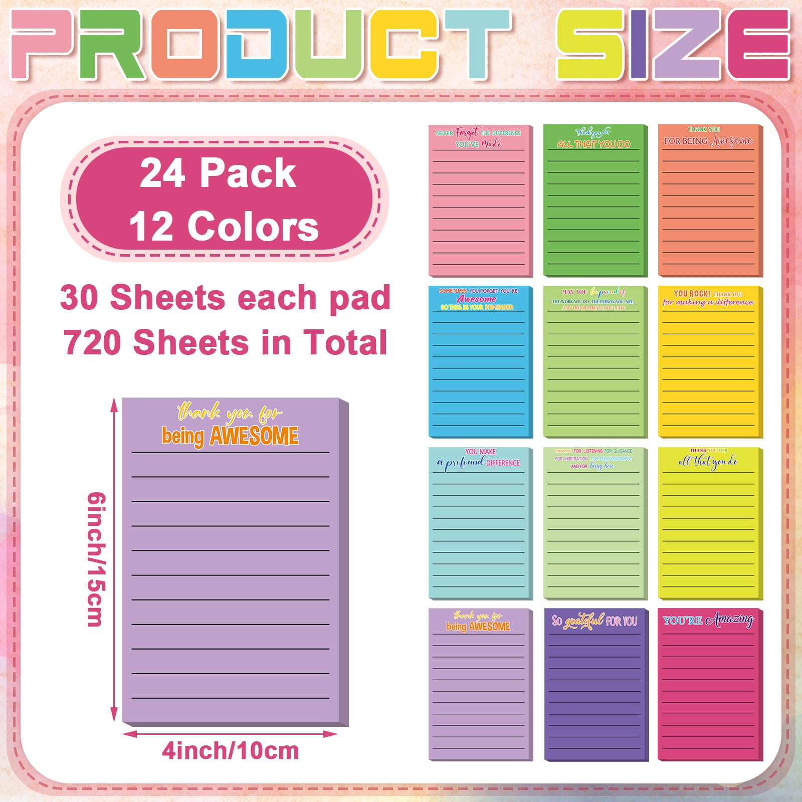Yinder Lot de 24 blocs de notes adhésives inspirantes avec lignes de motivation colorées pour femme, employée, infirmière, enseignante, école, bureau (remerciement) 10,2 x 15,2 cm