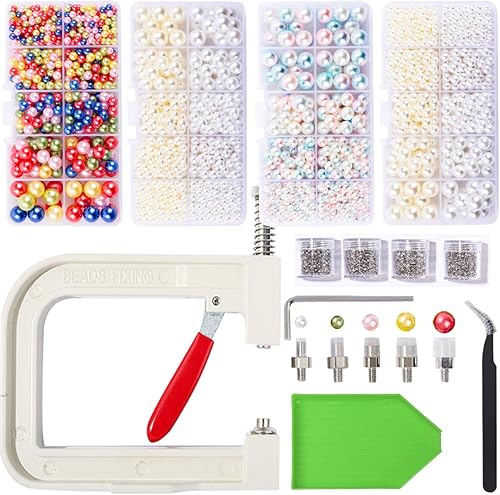 Máquina de ajuste de perlas con 15 colores de perlas de 0.31 pulgadas, incluye máquina de ajuste de perlas para sombreros, zapatos, ropa, bolsas,