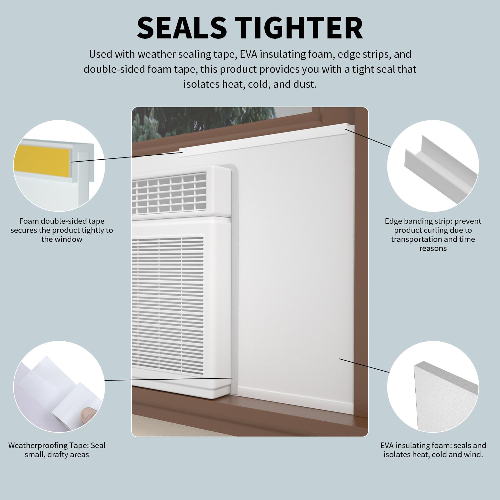 Aire acondicionado de ventana, panel de espuma aislante lateral KT002WHITE, aislamiento térmico y corrientes de aire de verano e invierno, paneles de aislamiento envolvente completo de una pieza con 4