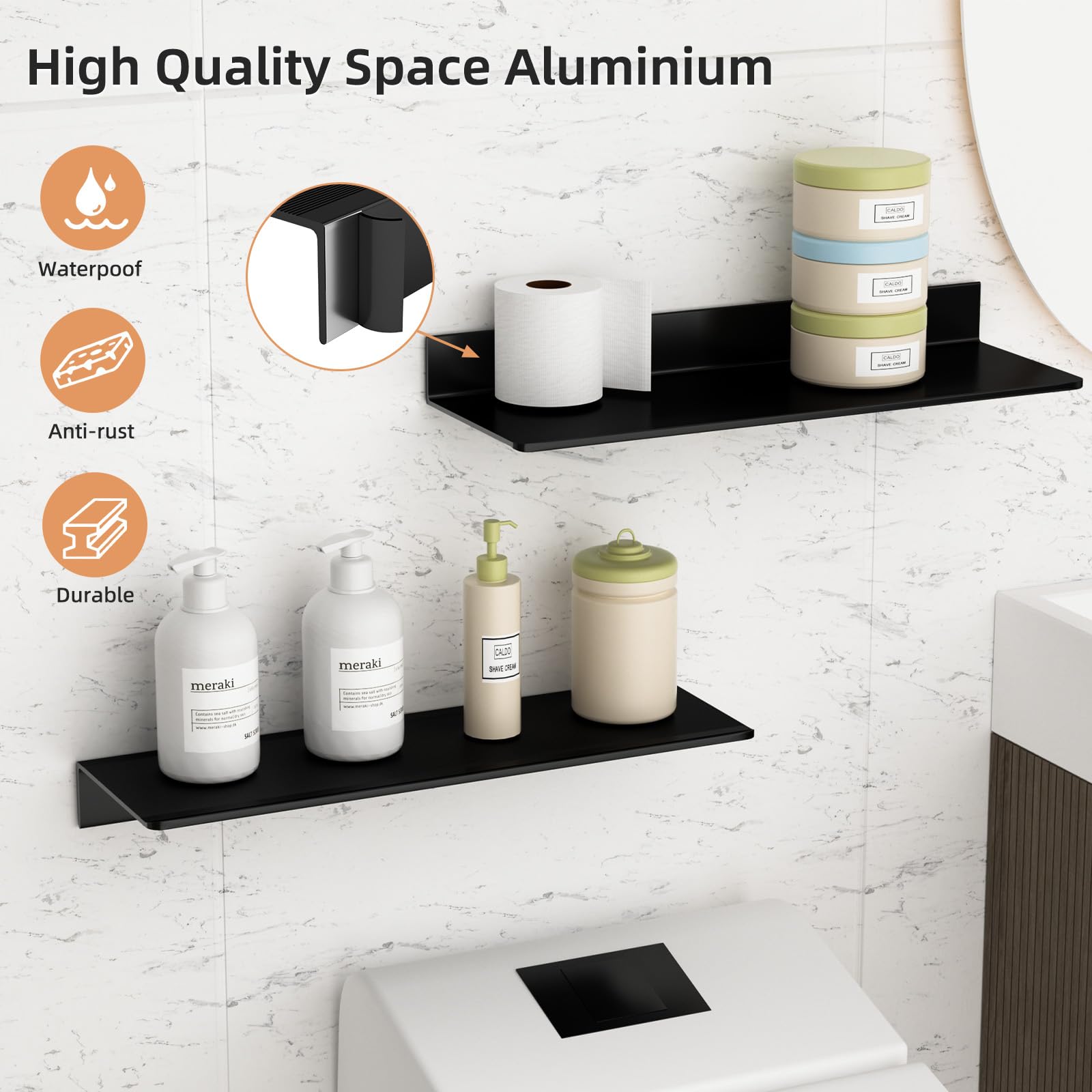 Wisfame Metal Wall Shelves, Black Floating Shelf for Wall Set of 2, Bathroom Shelves Wall Mounted Shelf - Image 4