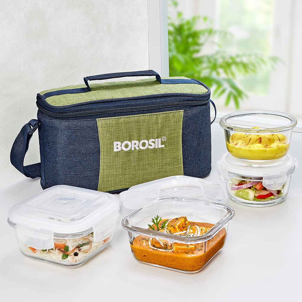 Borosil Ace Universal Borosilicate Glass Lunch Boxes Set of 4 (320 ml, 240 ml) with Lunch Bag, Lunchboxes for Office & College, Microwave Safe, Leak Proof (Green) (B0B53NWX2W) Amazon Price History, Amazon Price Tracker