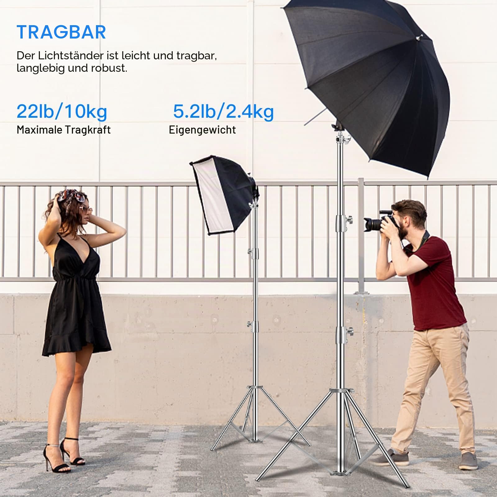 Edelstahl Lichtstativ 110"/2.8m, Federgedämpftes Heavy Duty Stativ mit 1/4" auf 3/8" Universal Adapter Einstellbarer Lichtständer für Fotografie Studio Softbox Reflektor Portrait, 2 Stück