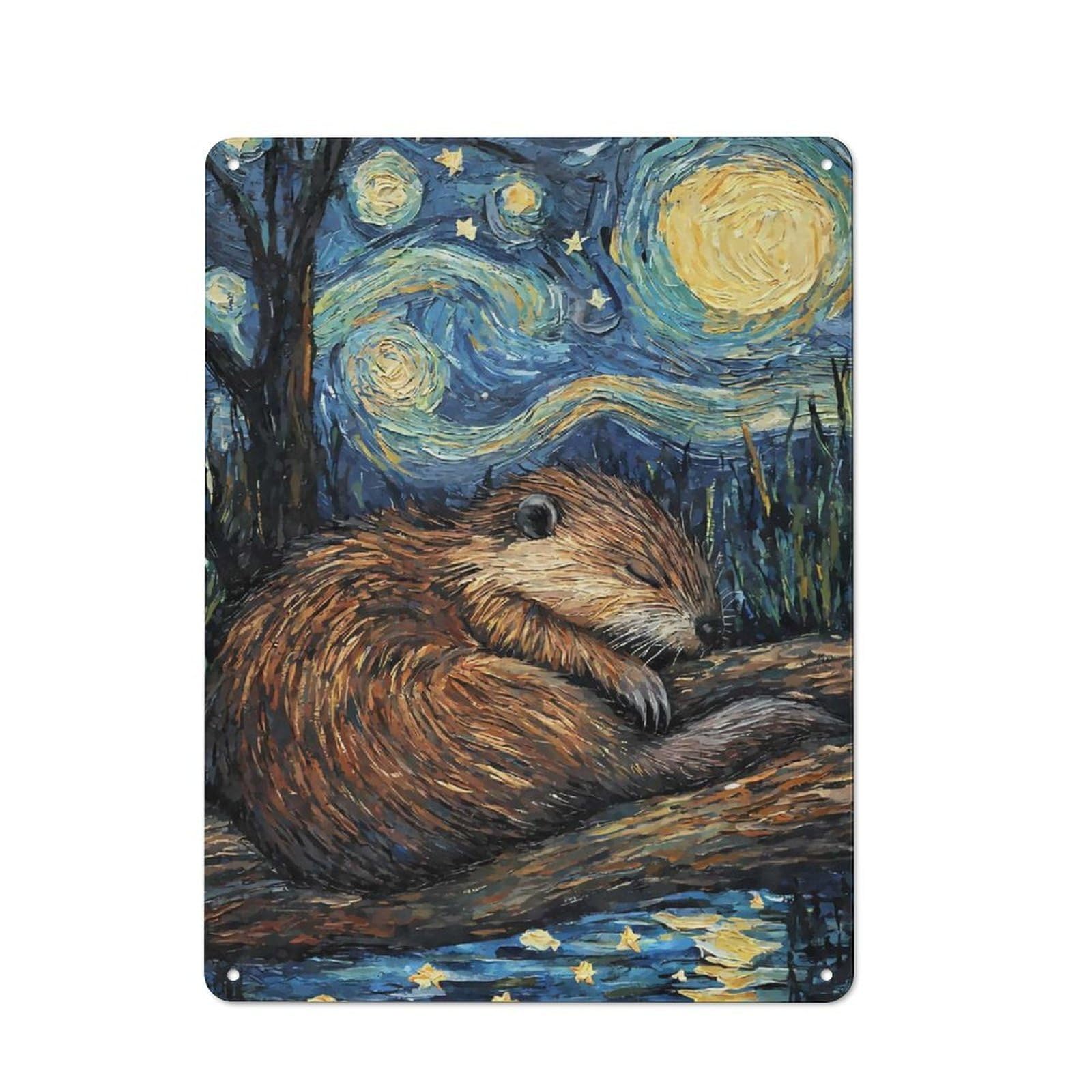Junmoney Style-11 Metal Wall Plaque With Beaver Sleeping Starry Night Design 40X30cm, Simple Retro Studio Wall Plaque For Hobby Room, Office, Lounge Or Living Room