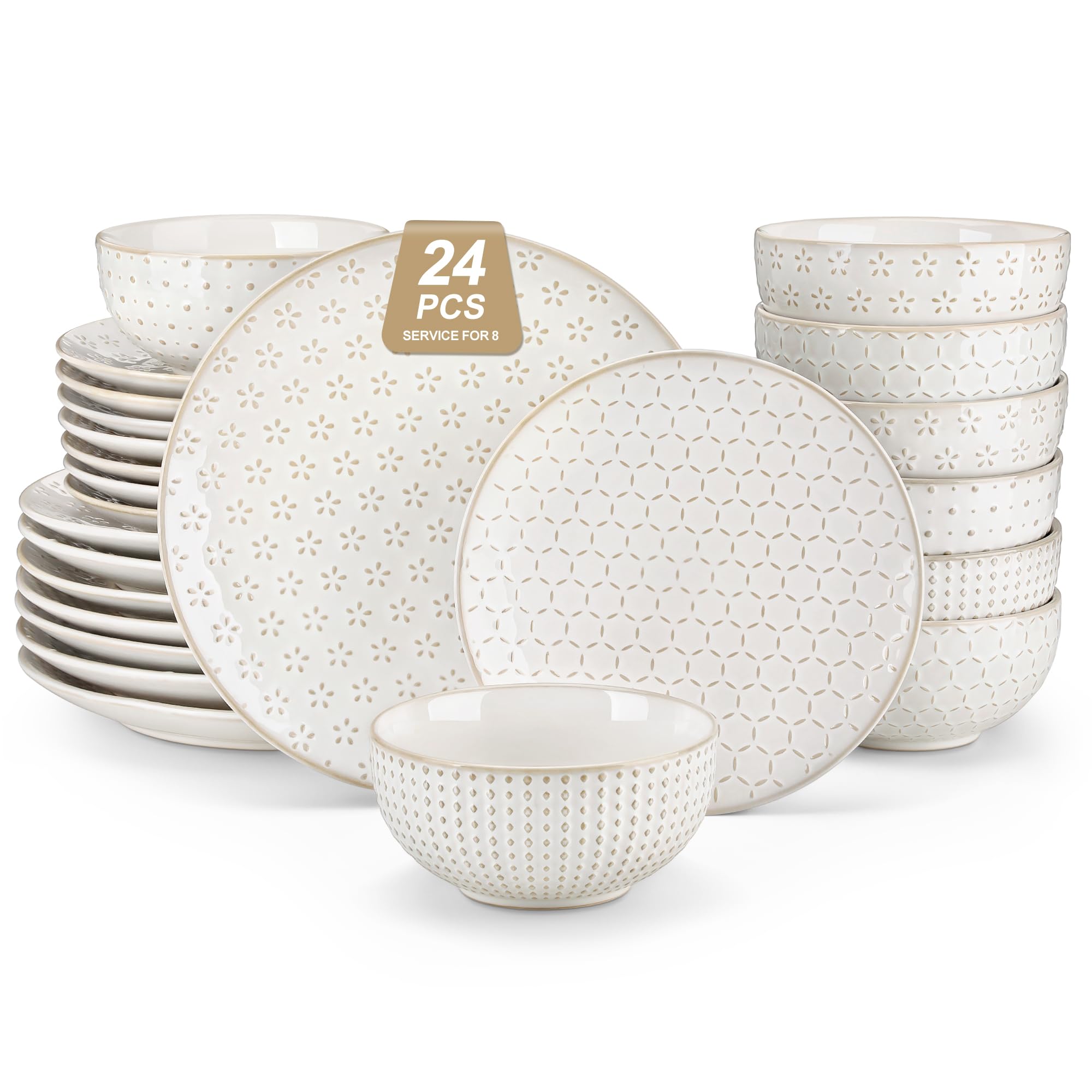 MALACASA 24-Piece Farmhouse Dinnerware Set for 8, Embossed White Stoneware