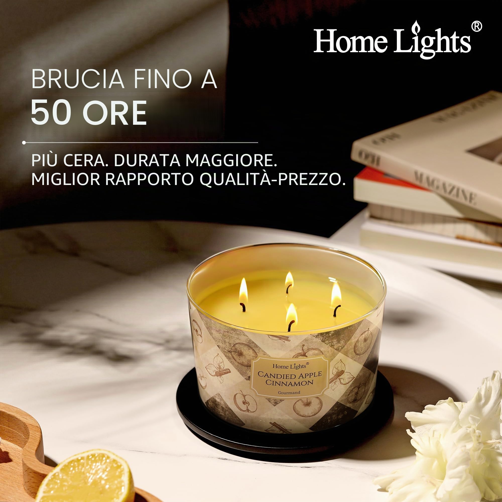 HomeLights Candele al profumo di cedro balsamico 510g, stile industriale chic, barattoli grandi da 4 stoppini Candele ideali per regali per eventi Seasonal Gourmand (Canella di mele caramellate)