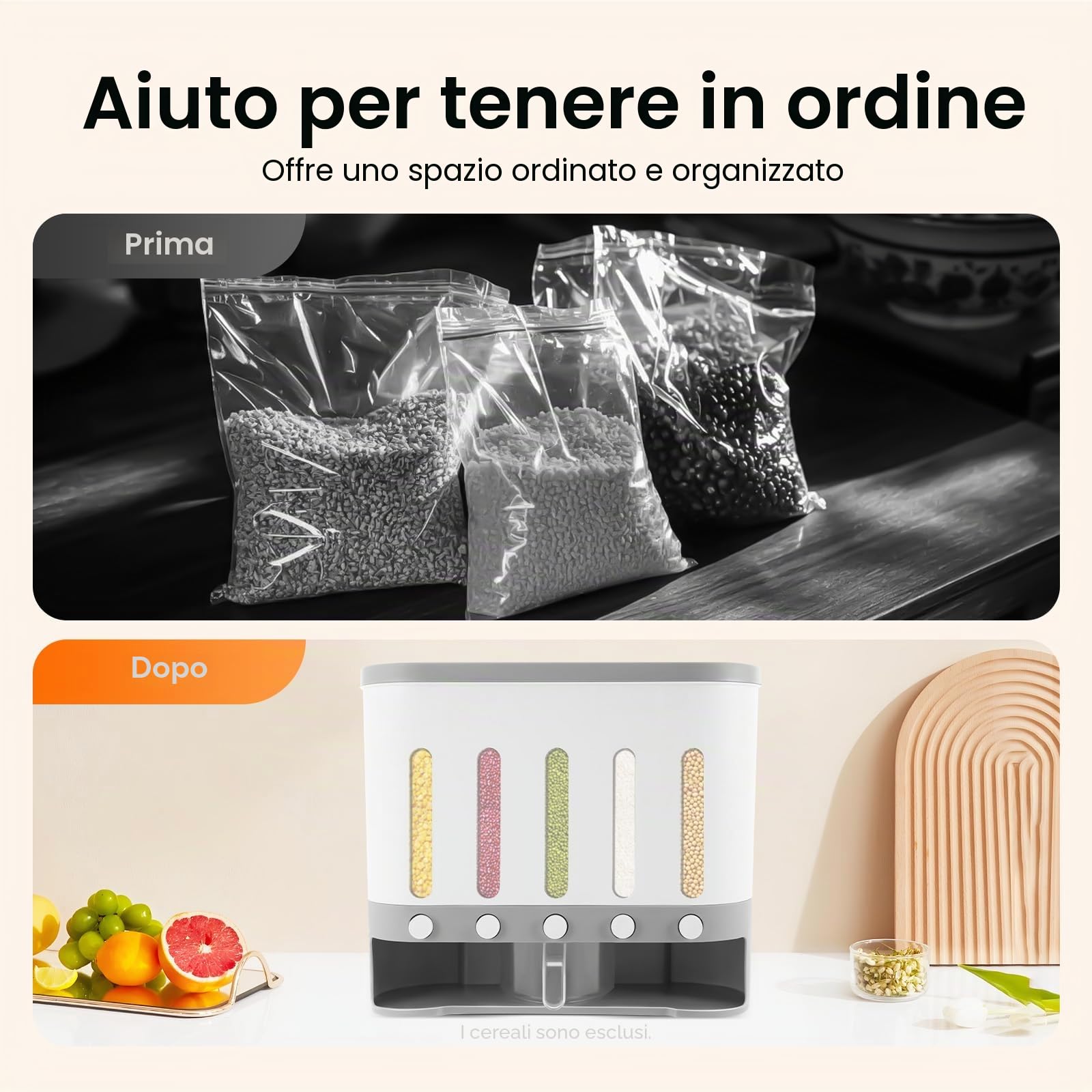 Dispenser per cereali da 10 l, in plastica, 5 griglie, con coperchio, contenitore per alimenti, contenitore con misurino