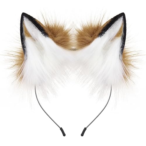 HAOAN Handmade Faux Fur Fox Wolf Ears Headband Halloween Christmas Cosplay Party Costume Accessories - Brown