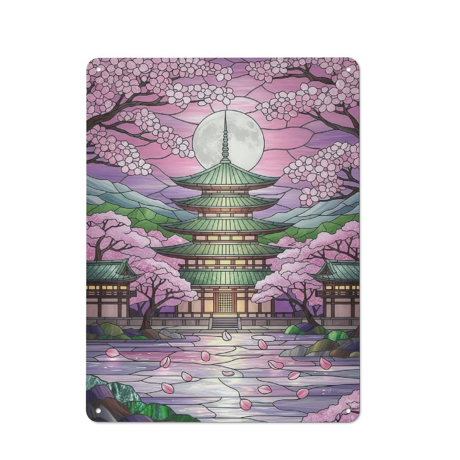 Japanese Cherry Pagoda Stained Glass Rustic Metal Sign 40x30cm, Barn Style Farmhouse Wall Decor for Kitchen, Cottage, Porch Or Garden Room