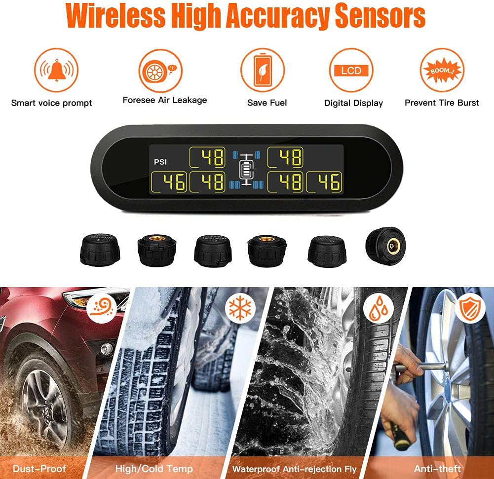 Sistema de monitoreo de presión de neumáticos de TPMS de energía Solar inalámbrica con 6 sensores para 4-6 neumáticos Coche RVs Camión Remolque Muestra en Tiempo Real Presión y Temperatura
