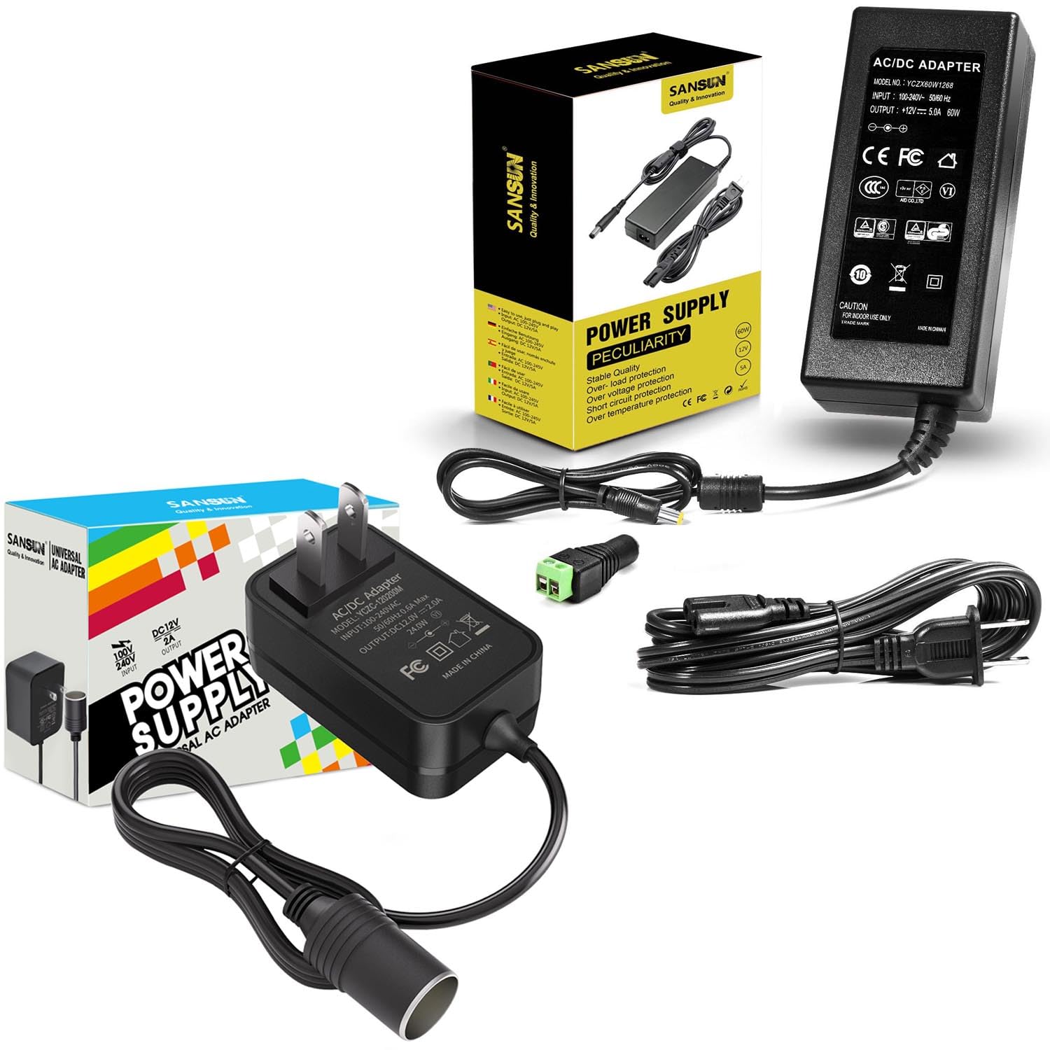 12 Volt Power Supply, 120V AC to 12V DC Converter, Bundle with 1set 5A Transformer and 1set 2A Cigarette Lighter Adapter