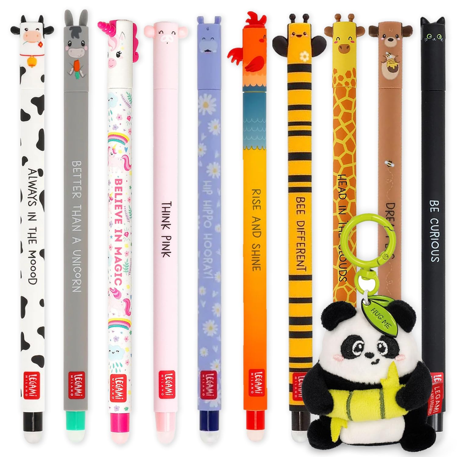 LEGAMI Stylo gel effaçable + porte-clés en peluche | Lot de 10 stylos avec encre effaçable thermosensible, gamme de couleurs d'encre, pointe de 0,7 mm | Motifs d'animaux mignons (panda)