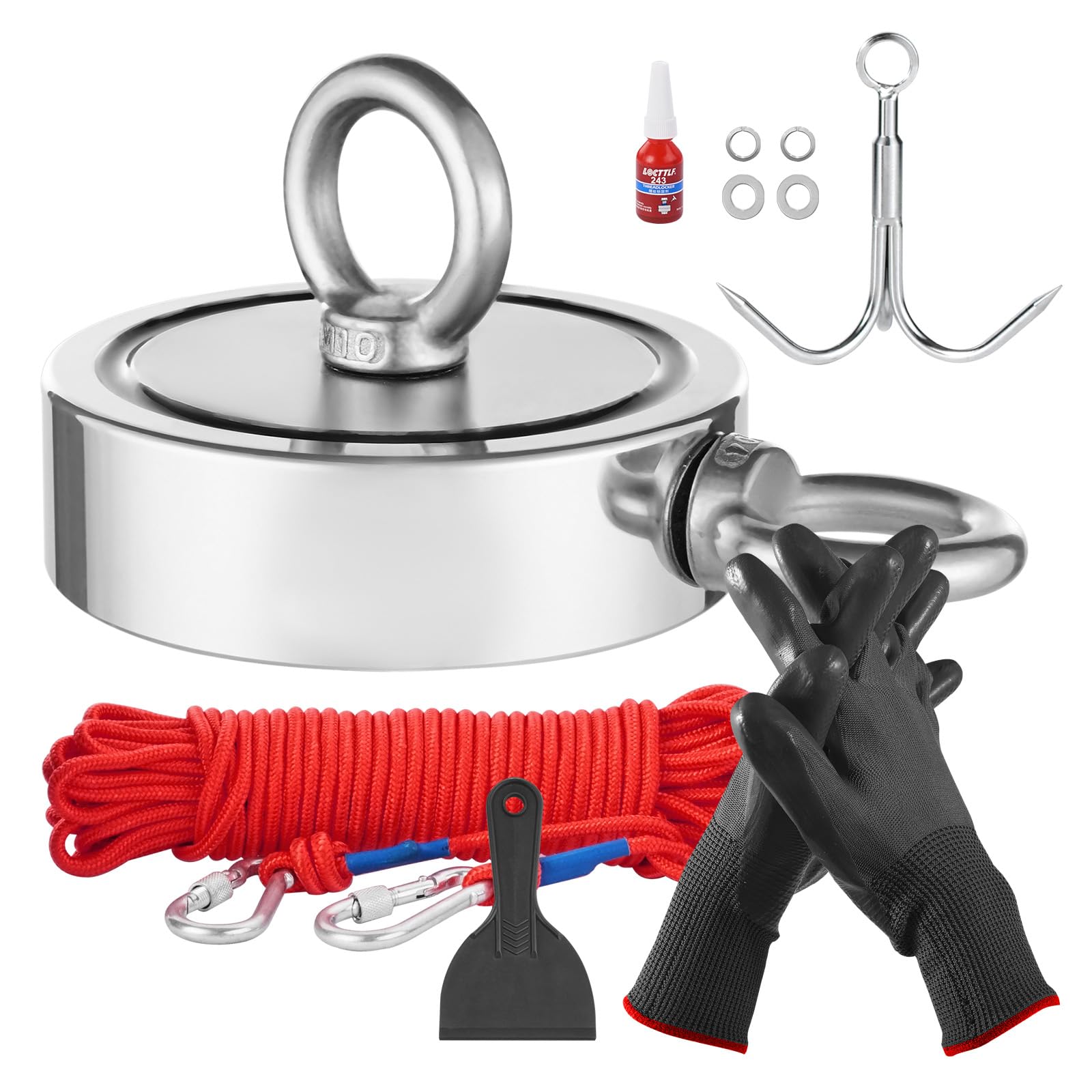 VEVOR Kit de Pesca con Imán de Doble Cara Fuerza de Tracción de 771 kg Kit de Pesca con Imán de Neodimio de Tierras Raras con Gancho de Agarre, Cuerda Resistente, Guantes y Perno de Ojo, Rojo