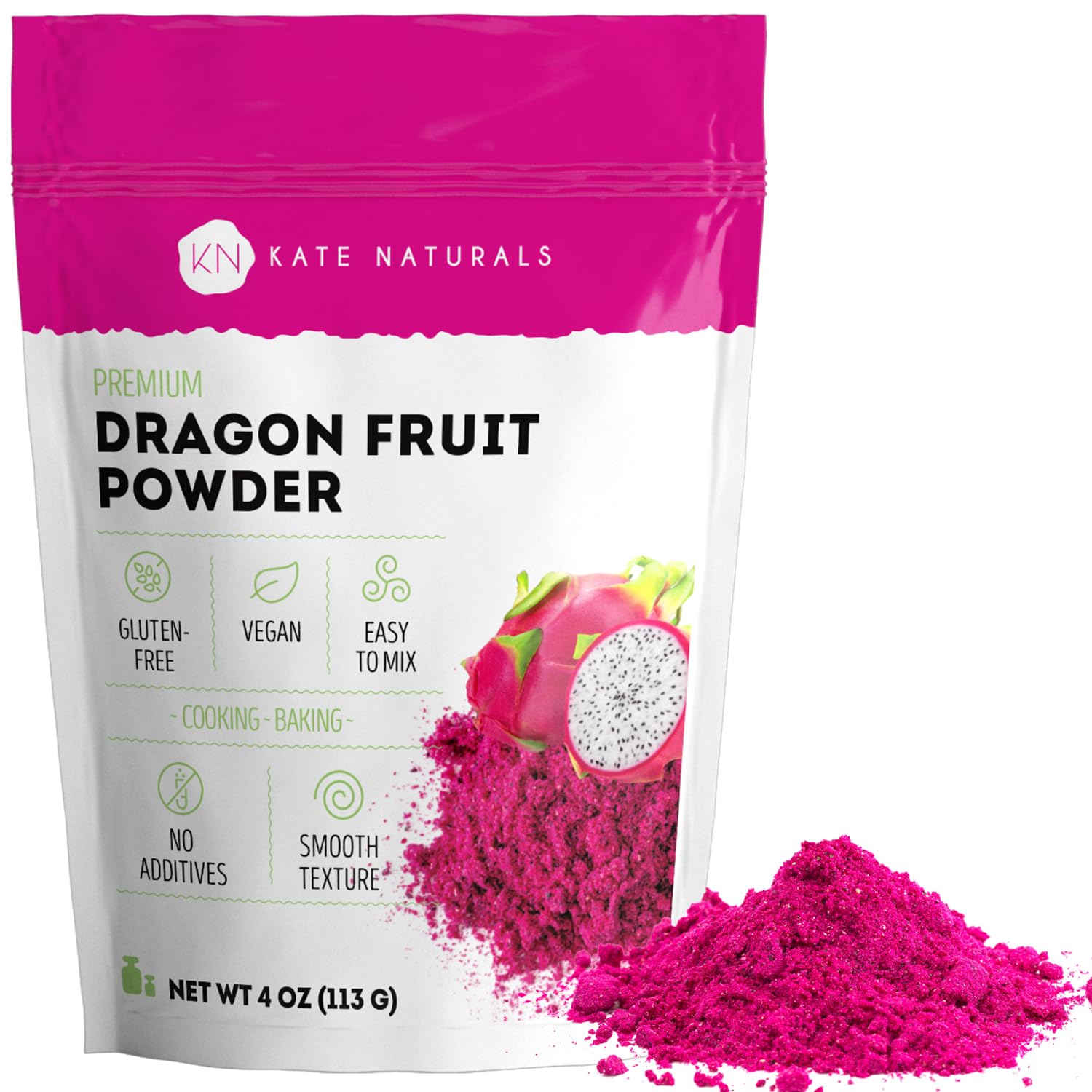 Kate Naturals Dragon Fruit Powder for Baking & Drinks (4oz). Vegan, Gluten Free Dried Pink Pitaya Powder for Dragonfruit Syrup, Smoothies & Food Coloring