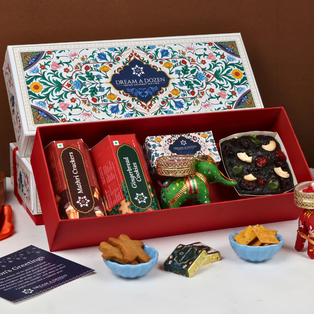 Dream a Dozen Merry Medley Hamper | Festive Gift Box with Gingerbread Cookies, Eggless Plum Cake, Chocolates, Mathri Crackers & Candle Holder | Christmas Gifts for Women, Men, Friends, Family & Office | New Year Gift Hamper-image-42