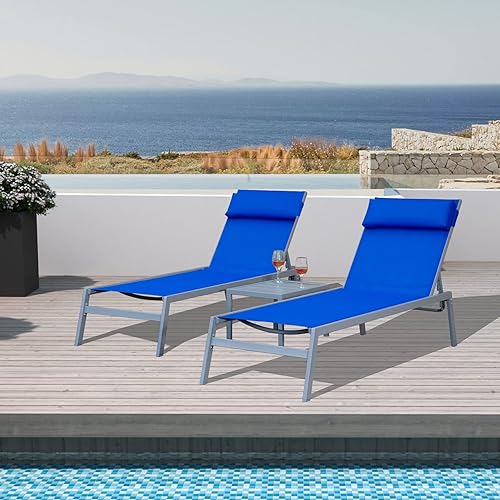 Miniatura 2 de Domi Patio - Juego de 3 sillas de salón Textilene con mesa auxiliar al aire libre, respaldo ajustable y almohada para patio, jardín, tomar el sol,