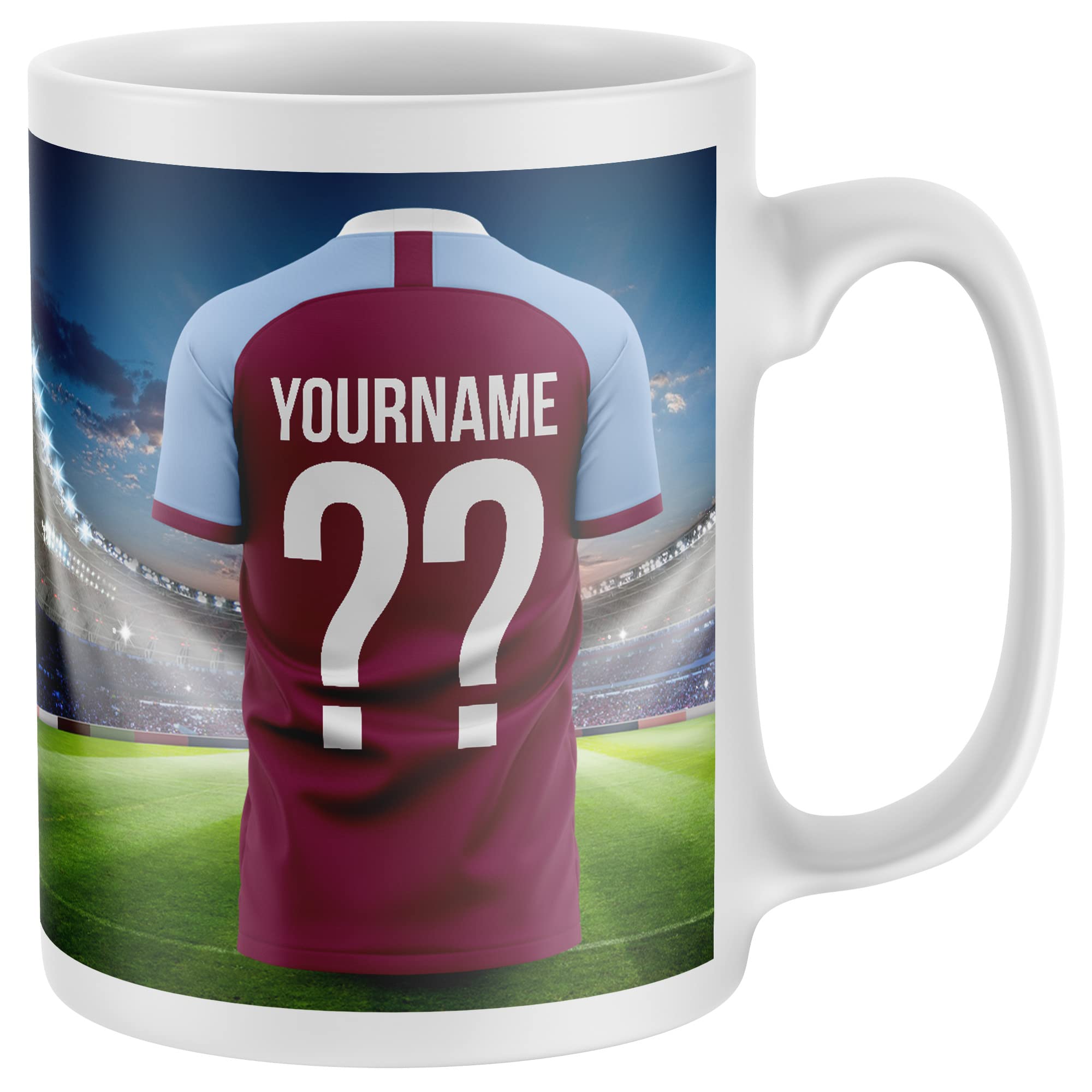 Personalised Football Supporters Mug - Football Kit Shirt Name and Number Coffee Cup, All Teams and Colours. Fan Gift Idea for Mum, Dad, Son, Daughter - One Size, Claret Blue
