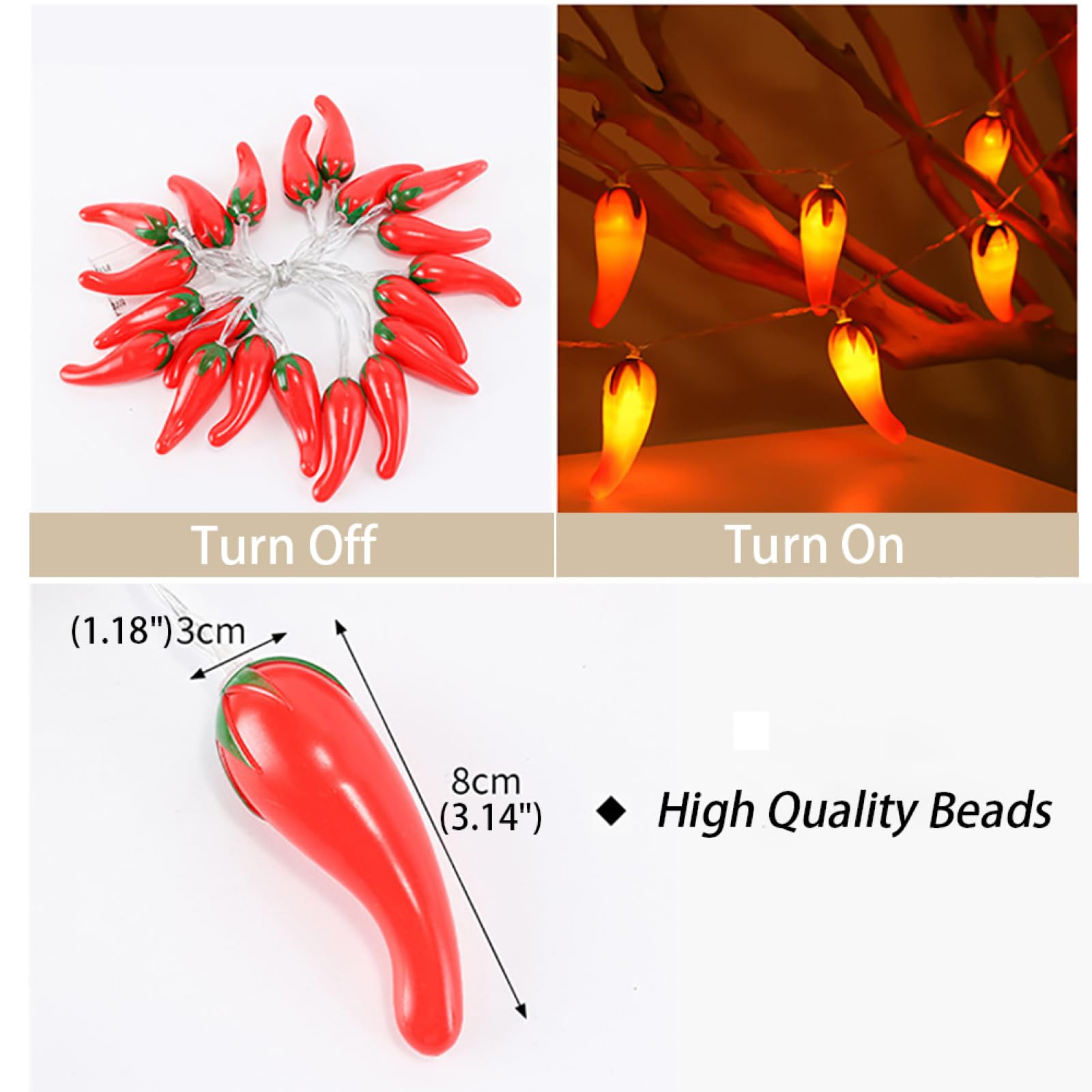 Catena Luminosa Al Peperoncino Rosso|Luci Natalizie A Led In Filo Di Rame Bianco Caldo|Lampade Decor A Sospensione Serie Da Giardino Per Feste Di Natale,Bianco Caldo,10m(32.8 piedi)-80LED-USB