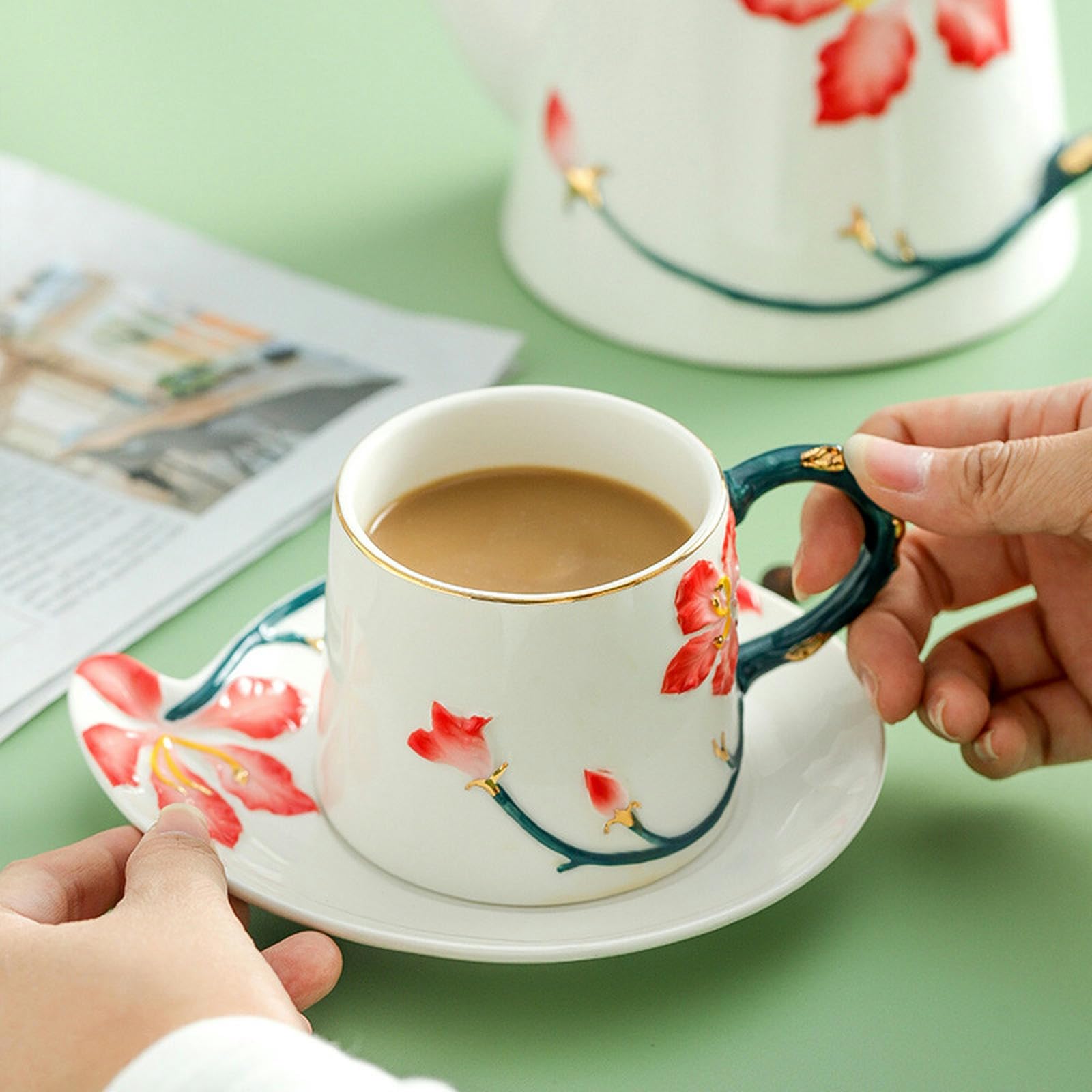 200ml/7oz Kreatives und exquisites Relief lila Gold Blume Keramik Kaffee Set, Büro und Haushalt Floral Tee Set, Tasse und Teller Set-4 Tassen und Teller+Topf+Eisenrahmen-201-300ml