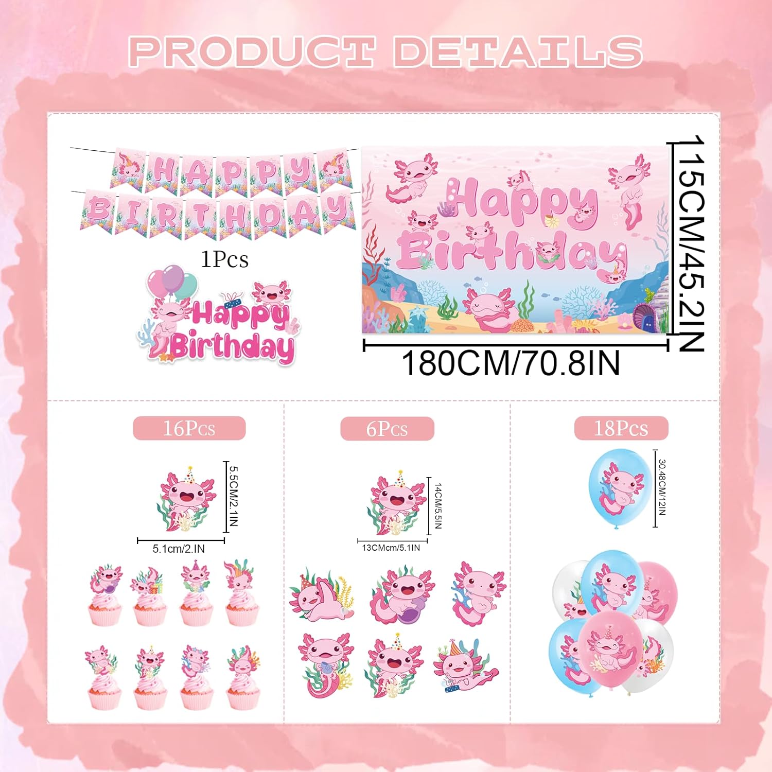 Axolotl Birthday Decorations Supplies, 44PCS Pink Axolotl Happy Birthday Decor Set for Girls, Includes Backdrop Banner Cupcake Topper Cake Topper Hanging Swirls Balloons - Image 2