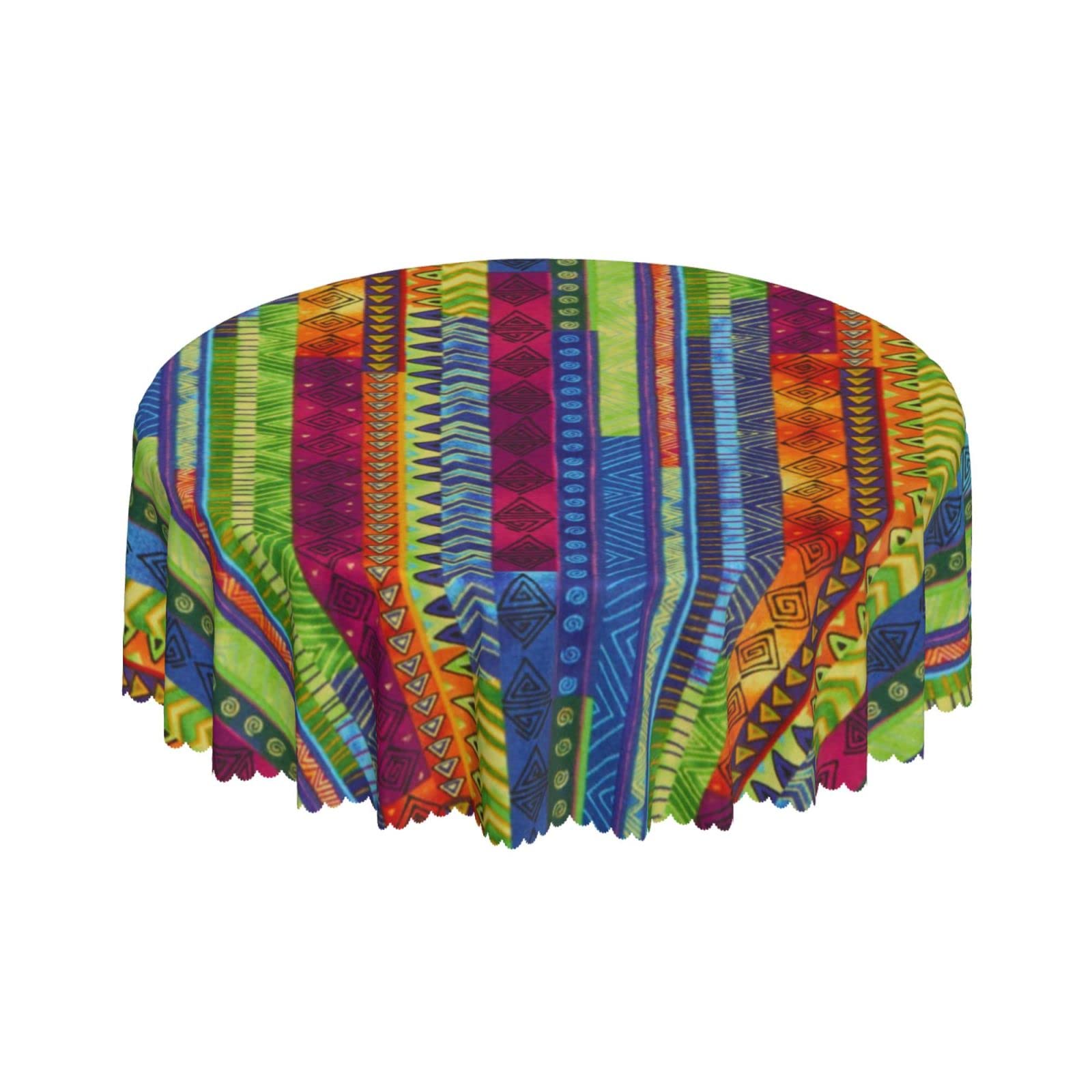 Lsjuee Tribal Stripe Colorful Texture Round Tablecloth 60 Inch Printed Washable Tablecloth for Dining Party Holiday Fall Home Decorative