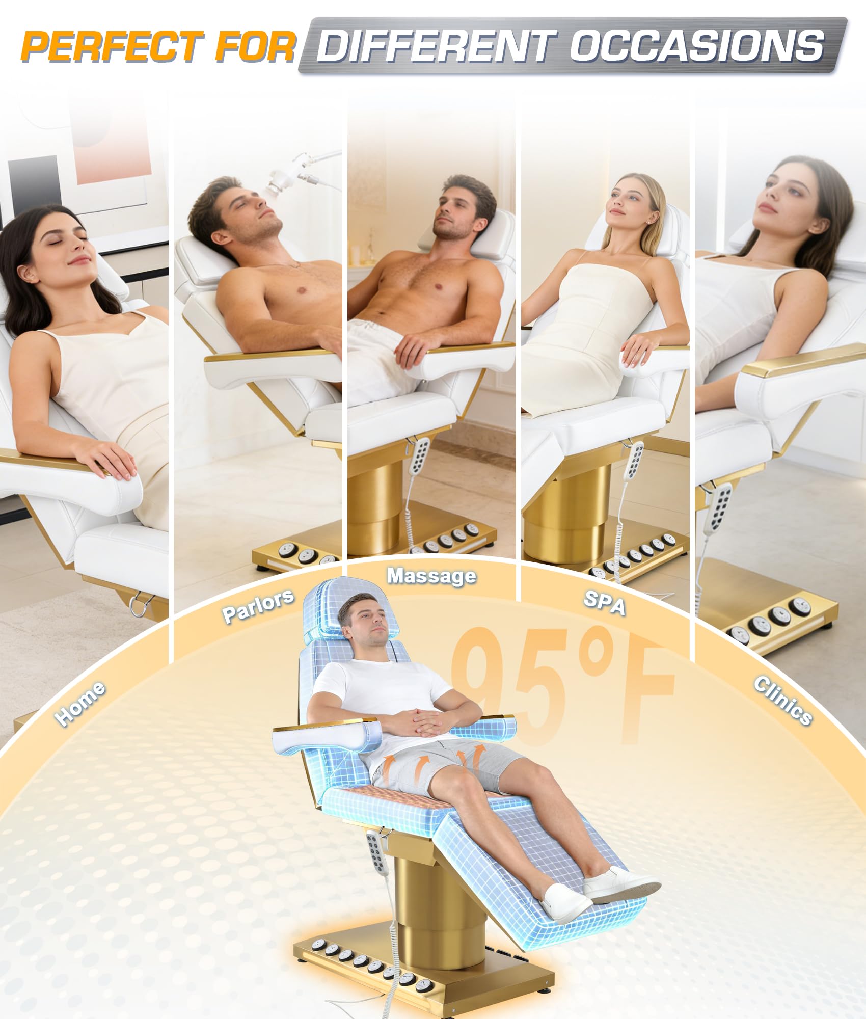 Elektrische Kosmetikliege 4 Motoren 200W Behandlungsliege, 200 kg weiß Kosmetikstuhl Therapieliege Tattooliege Massageliege Höhenverstellbare Massagebank mit Sitzheizung (Weiß)