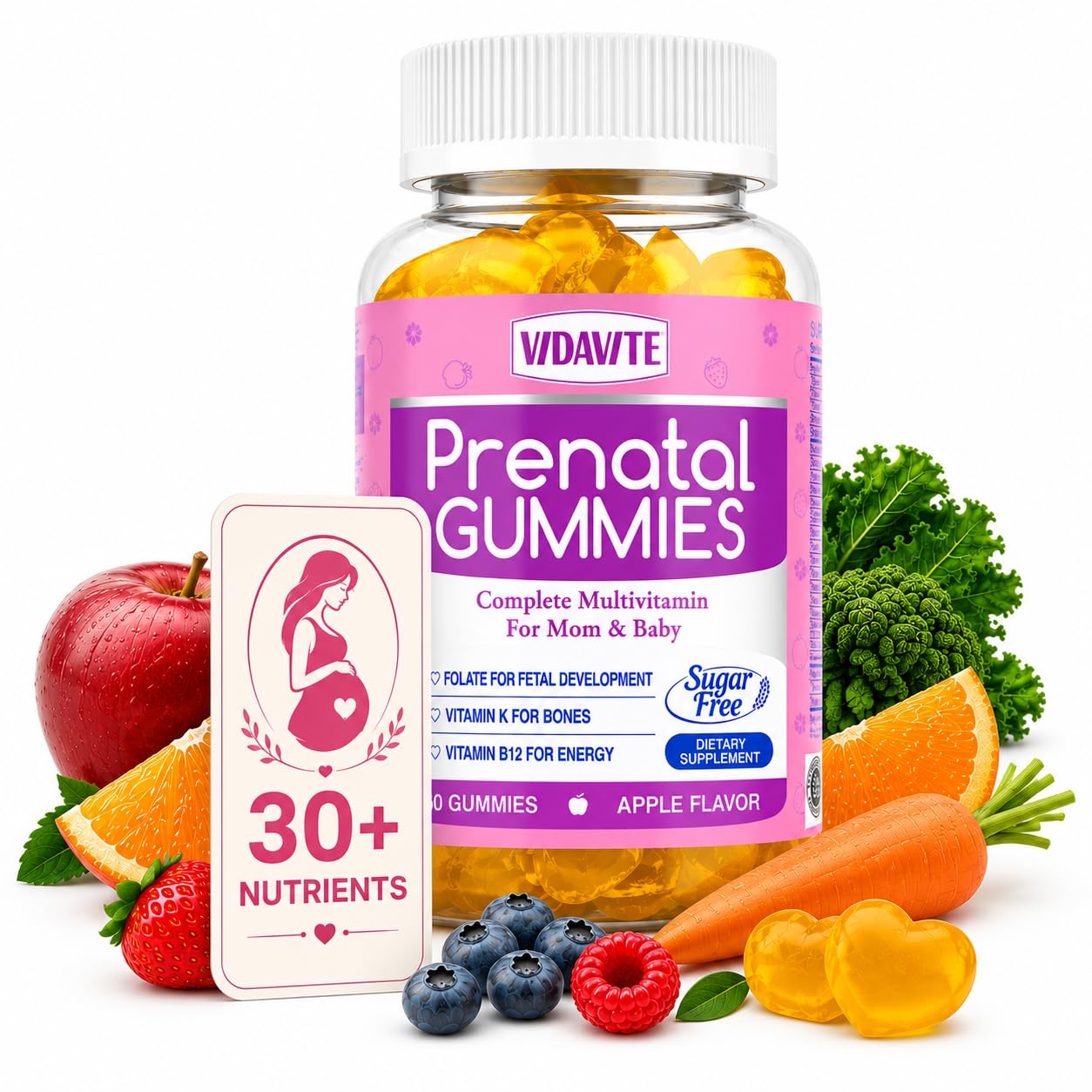 VIDAVITE Gummies de vitaminas pré-natais com 30+ nutrientes, 1700 mg, 60 gomas