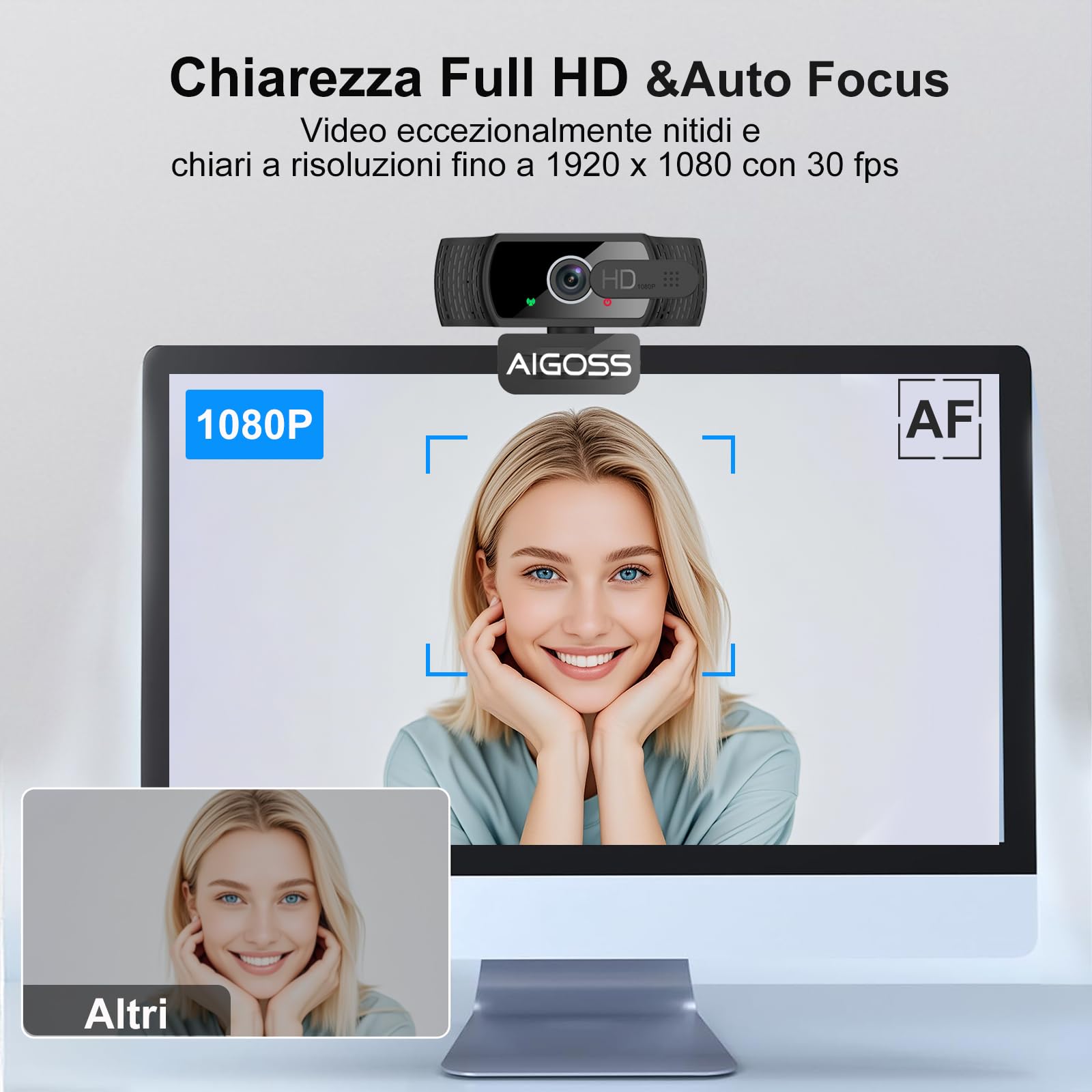 1080p Webcam PC con Microfono, Web Camera USB con Privacy Shutter e treppiede, Auto-Focus, Correzione Luce, Videocamera Full HD Plug Play per Laptop Desktop Mac Windows Skype Zoom Team